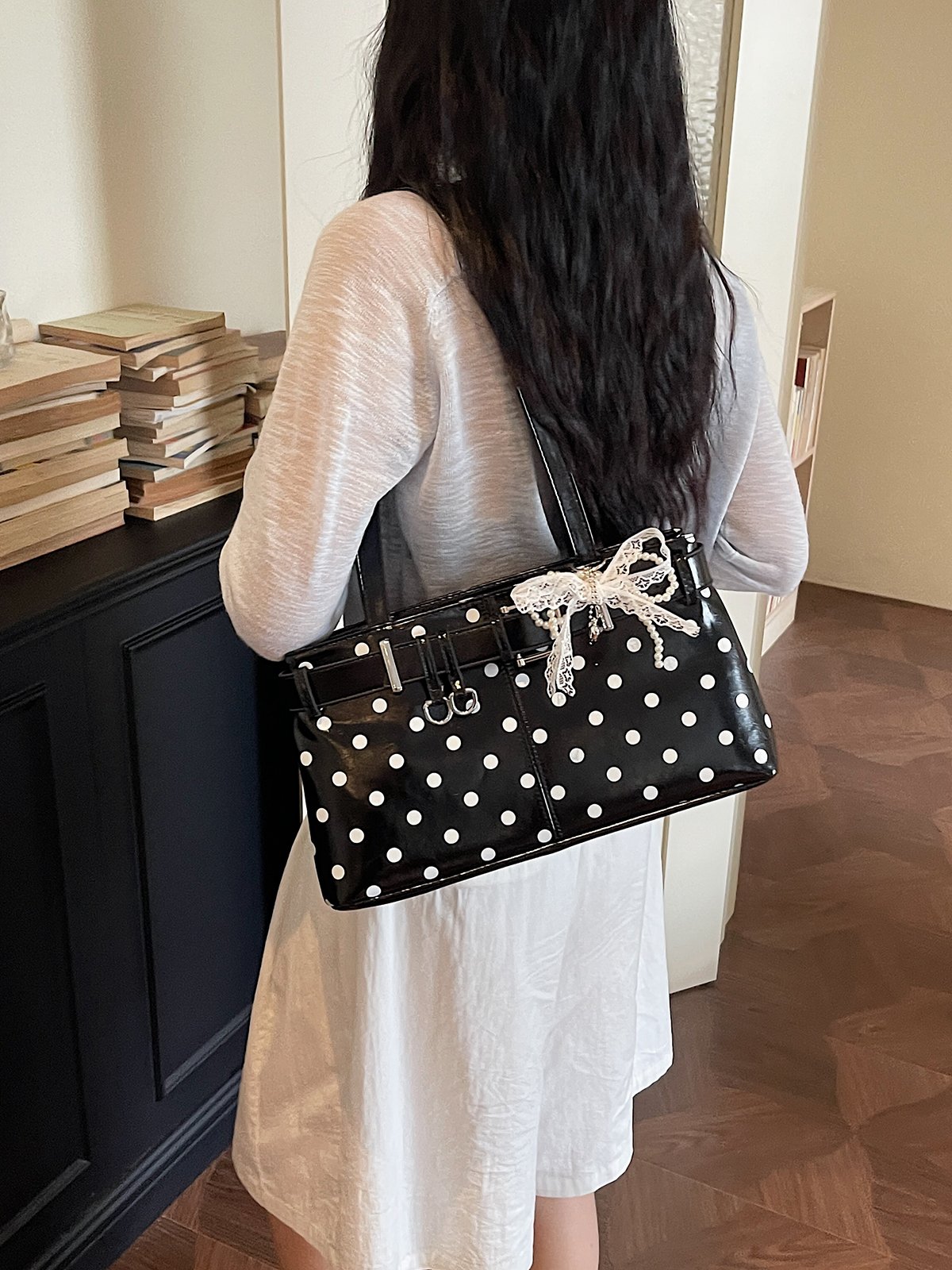 Polka Dot Belt Buckle Detail Shoulder Bag