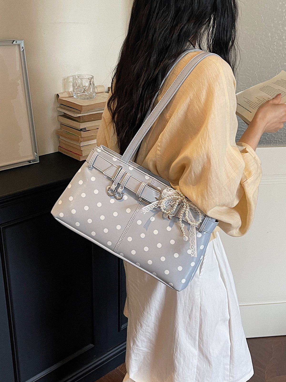Polka Dot Belt Buckle Detail Shoulder Bag