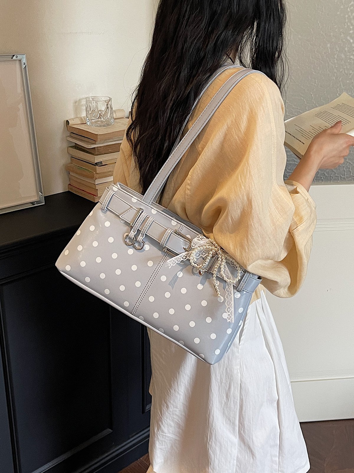 Polka Dot Belt Buckle Detail Shoulder Bag