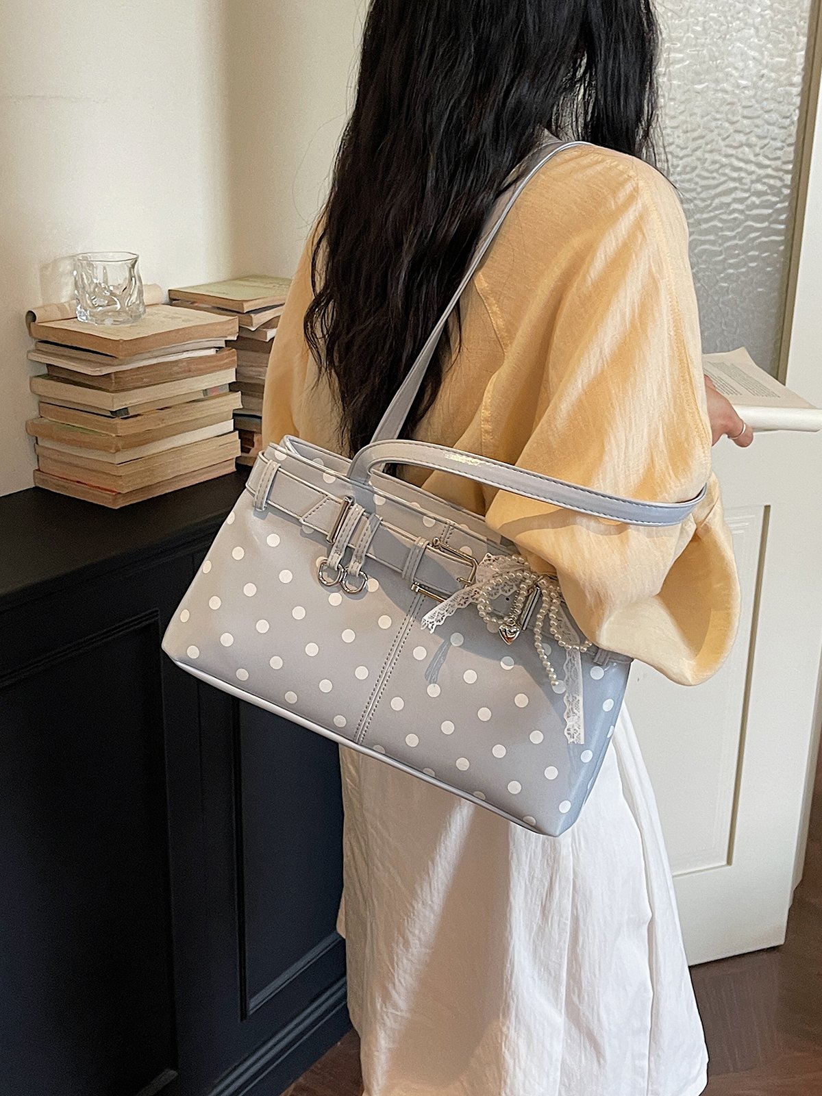 Polka Dot Belt Buckle Detail Shoulder Bag