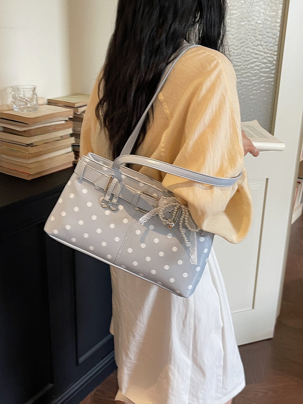 Polka Dot Belt Buckle Detail Shoulder Bag