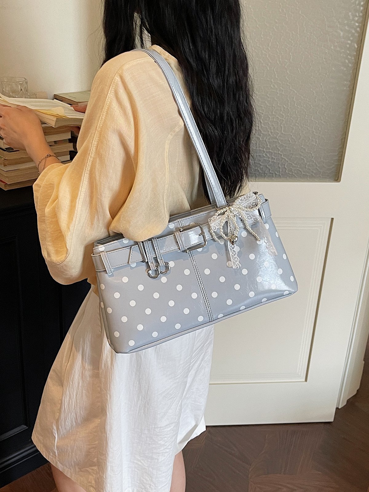 Polka Dot Belt Buckle Detail Shoulder Bag