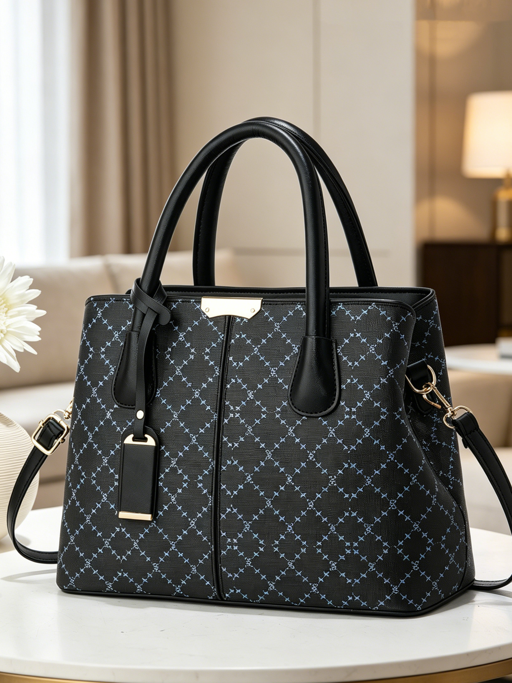 Black Printed Shoulder Bag with Zip
