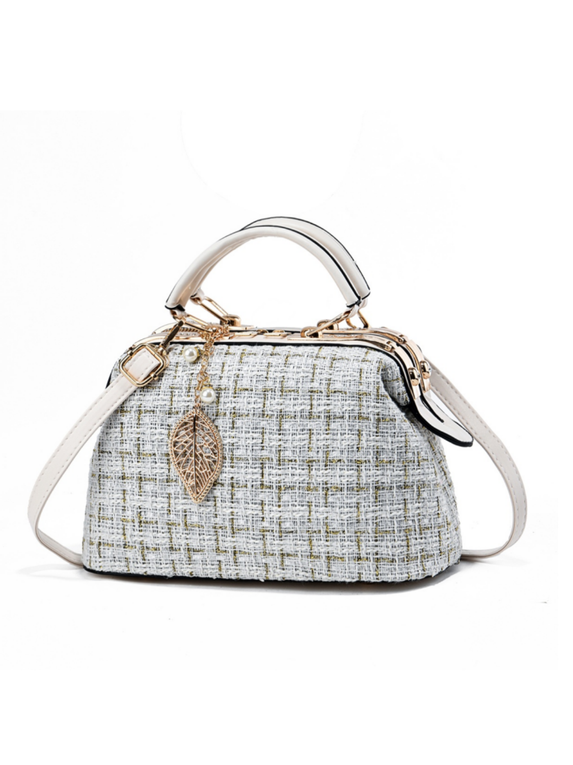 Beige Tweed Shoulder Bag with Leaf Charm