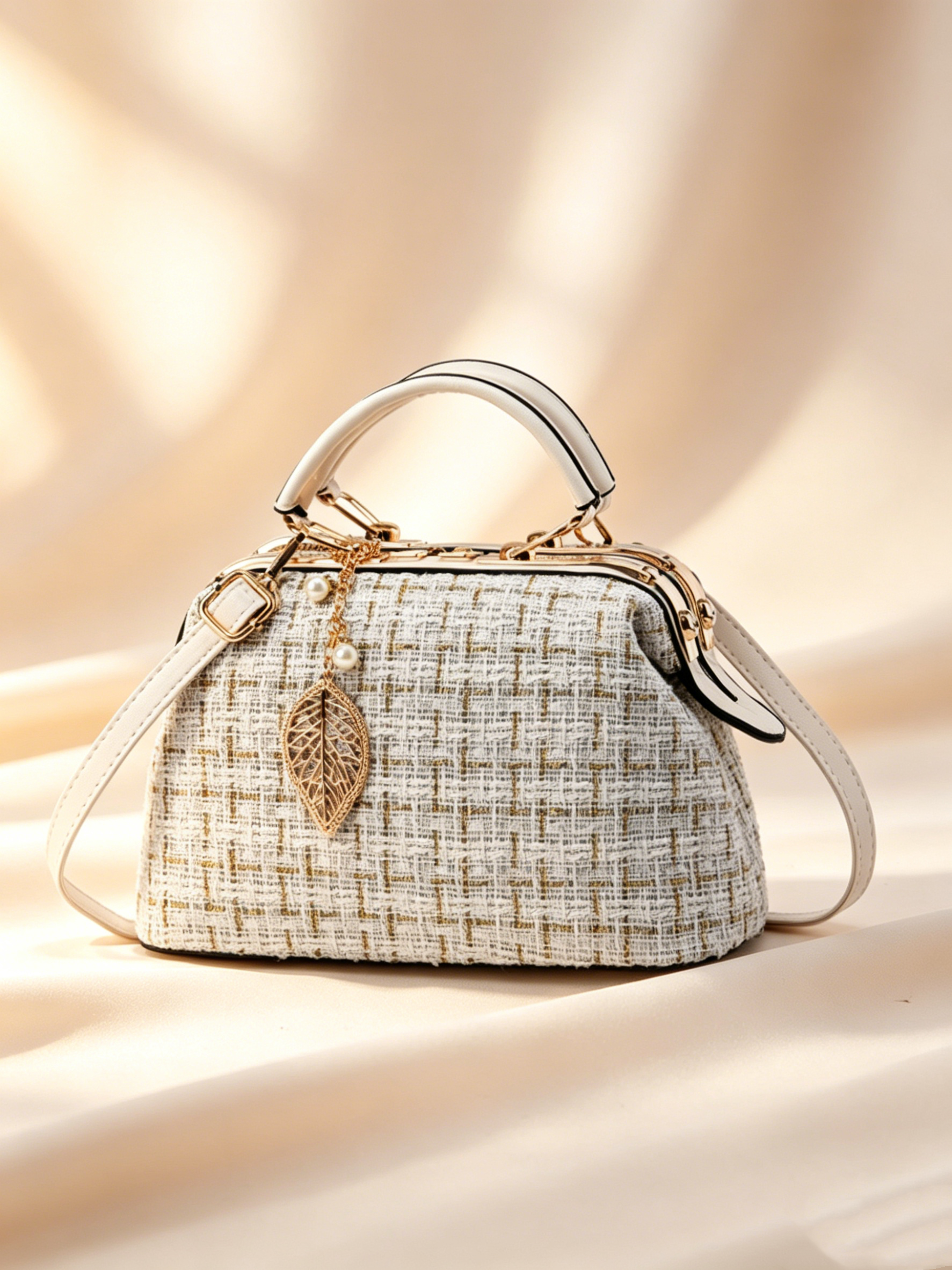 Beige Tweed Shoulder Bag with Leaf Charm