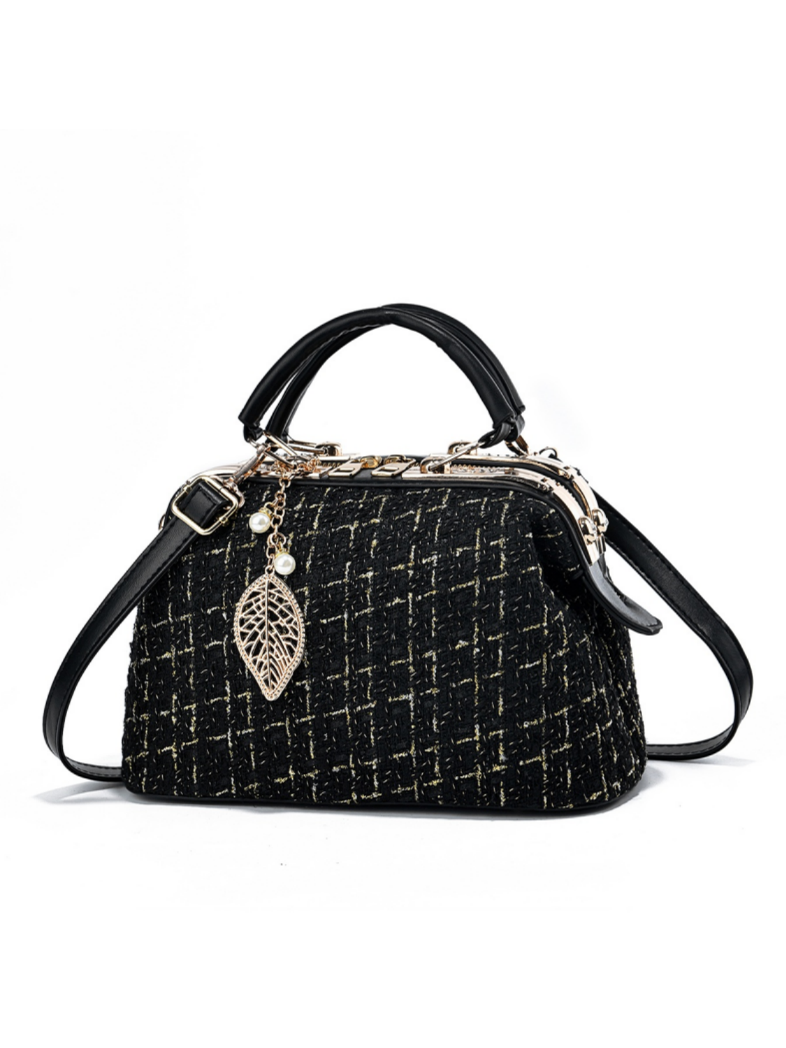 Black Tweed Shoulder Bag with Leaf Charm