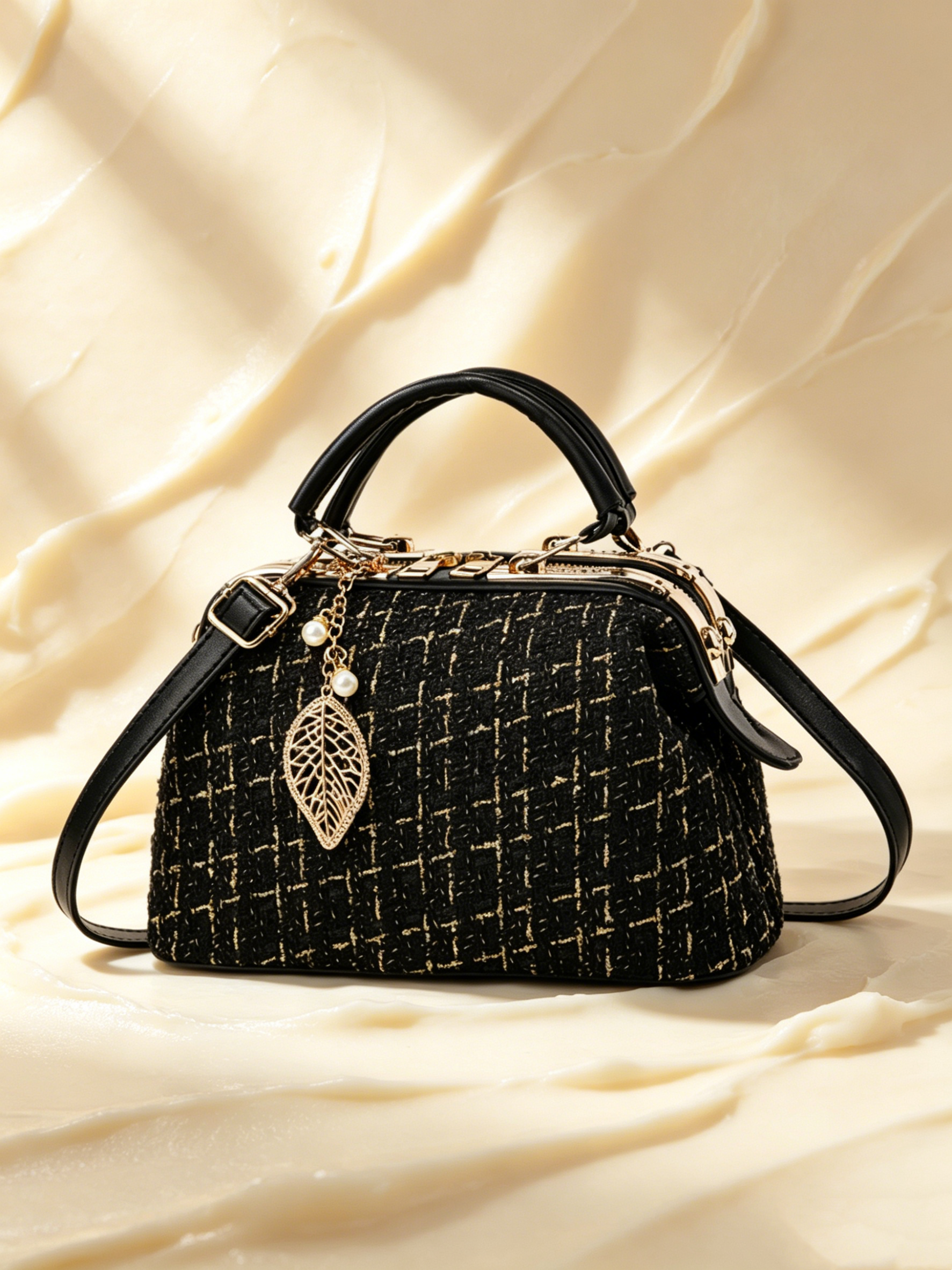 Black Tweed Shoulder Bag with Leaf Charm