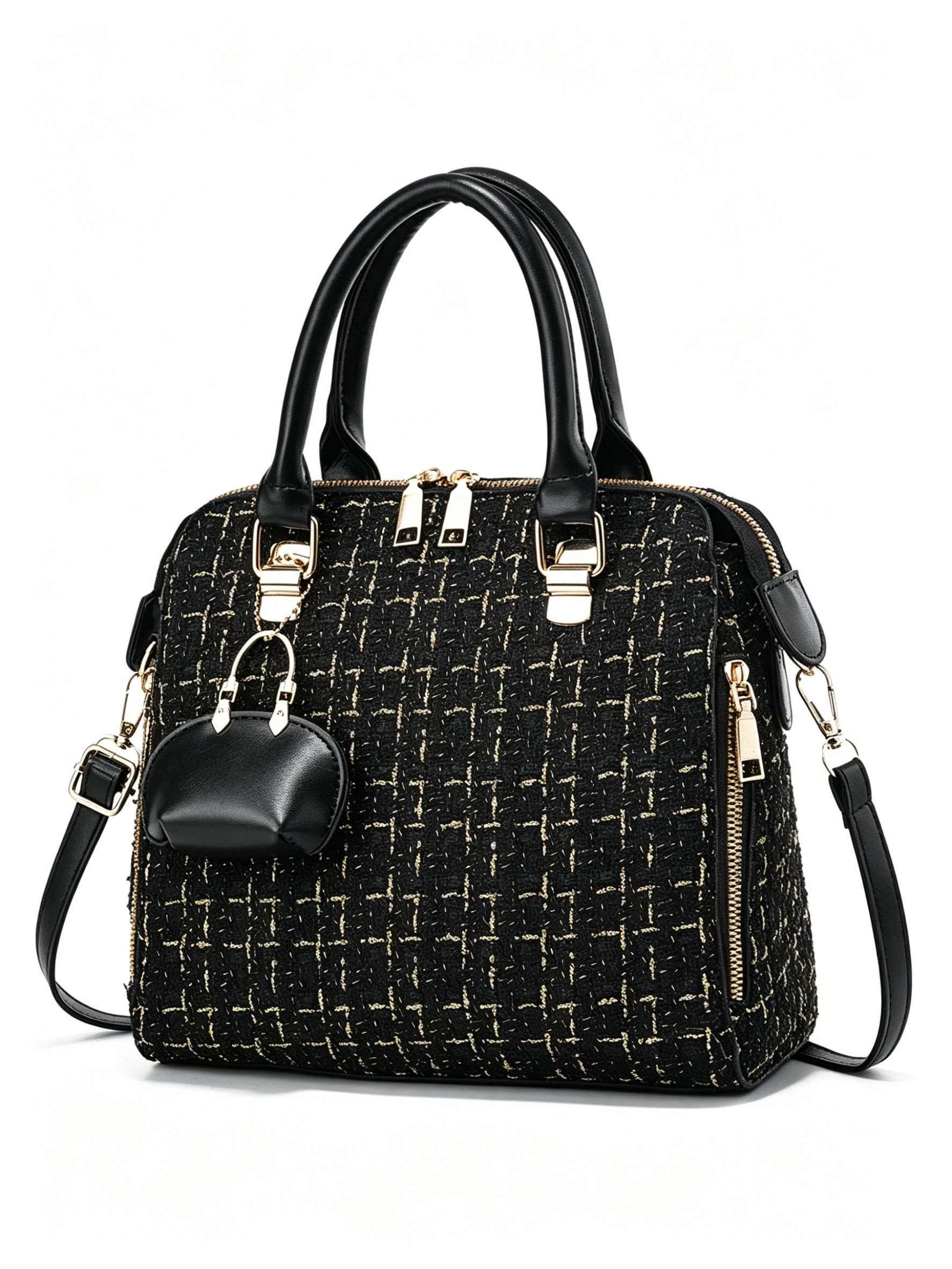 Black Tweed Shoulder Bag with Charm