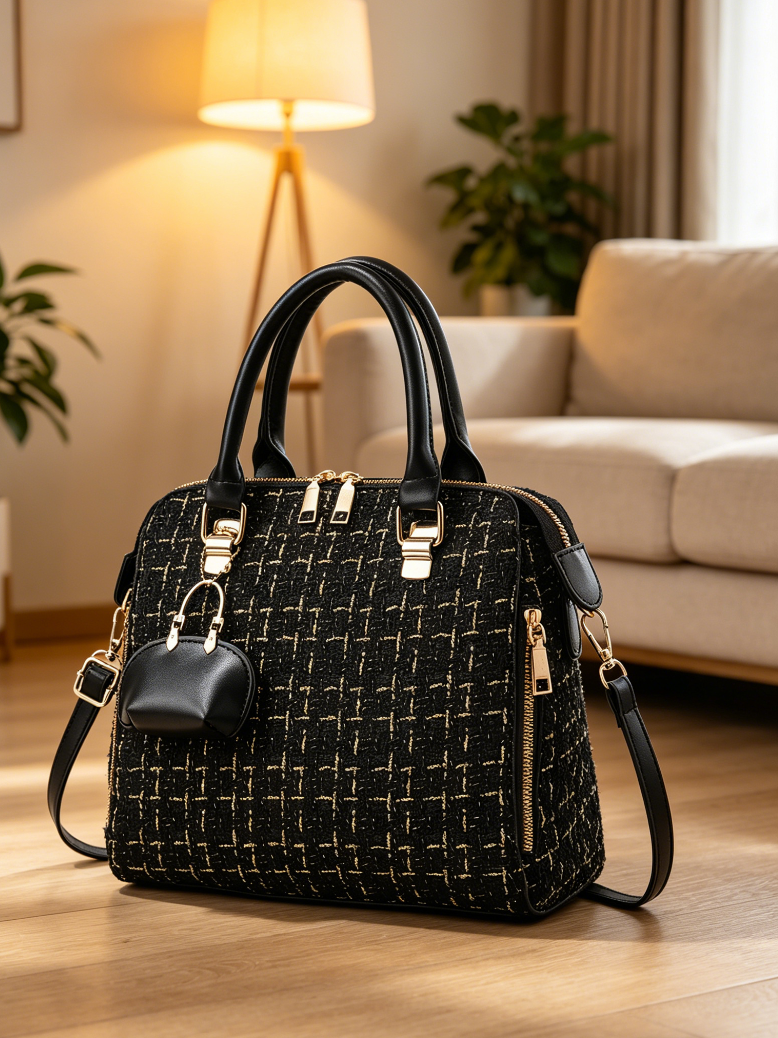 Black Tweed Shoulder Bag with Charm