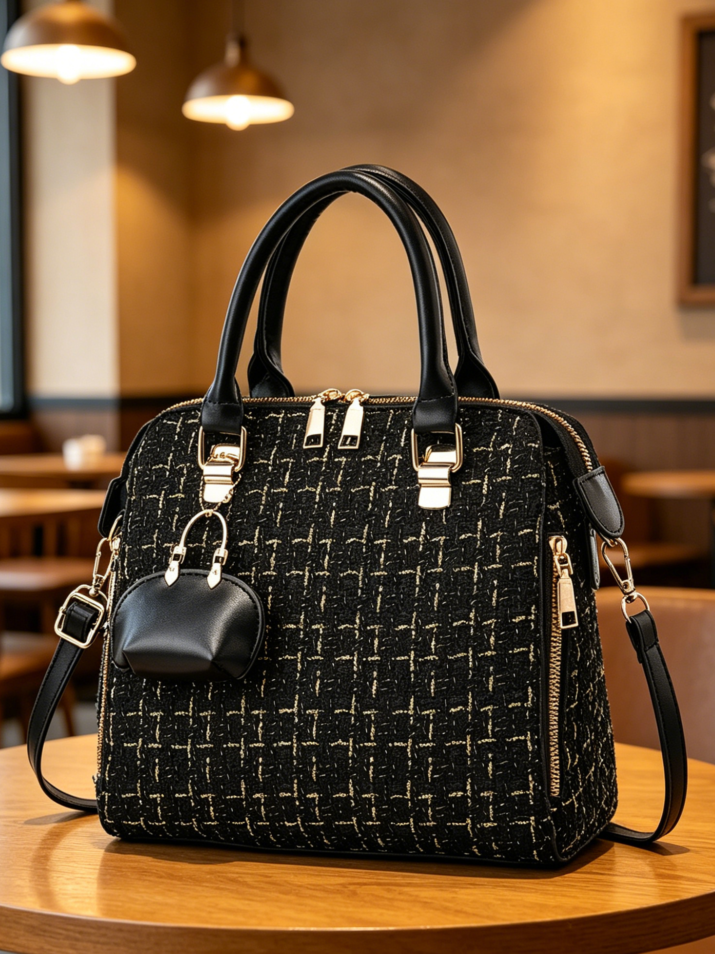 Black Tweed Shoulder Bag with Charm