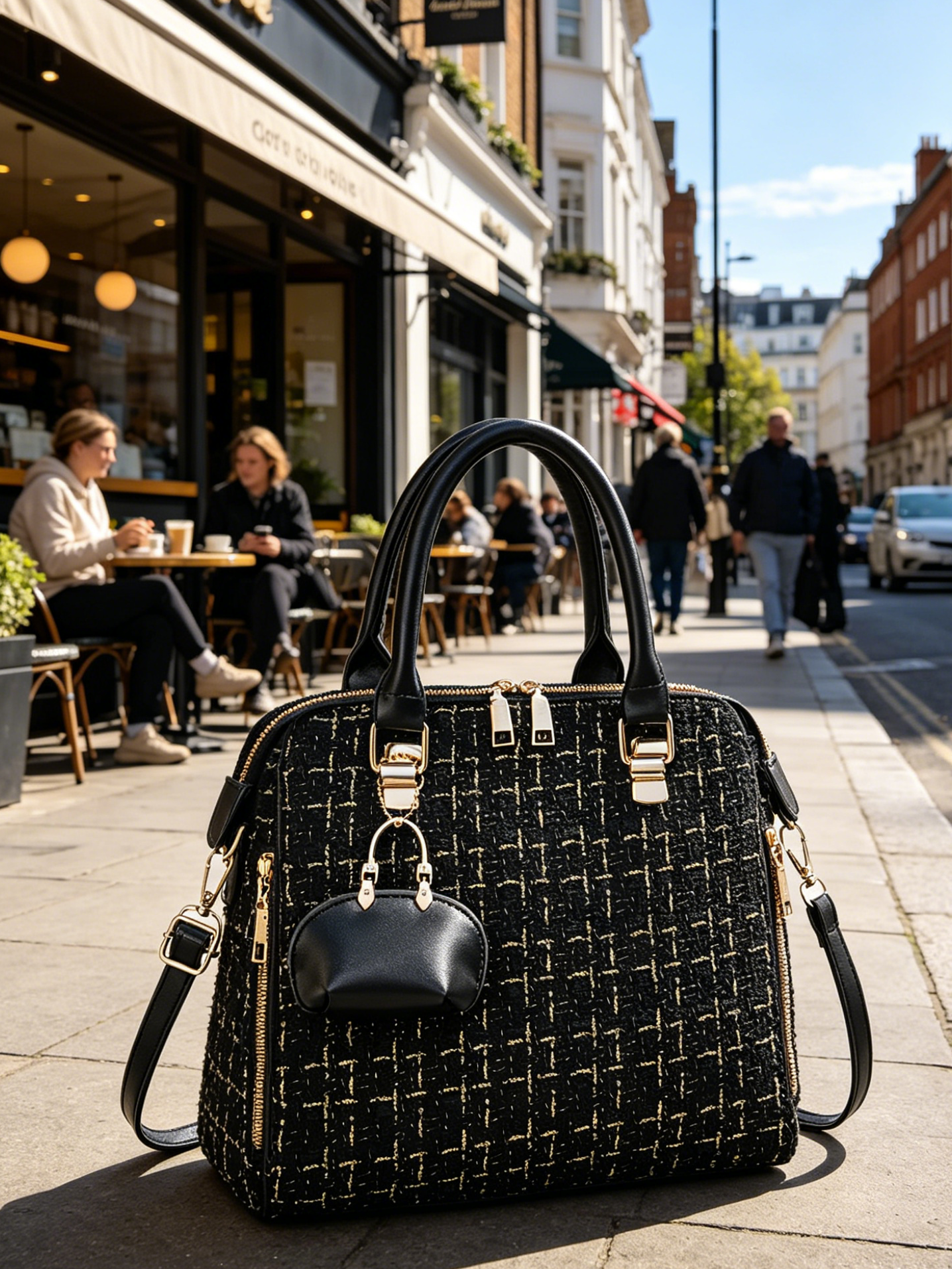 Black Tweed Shoulder Bag with Charm