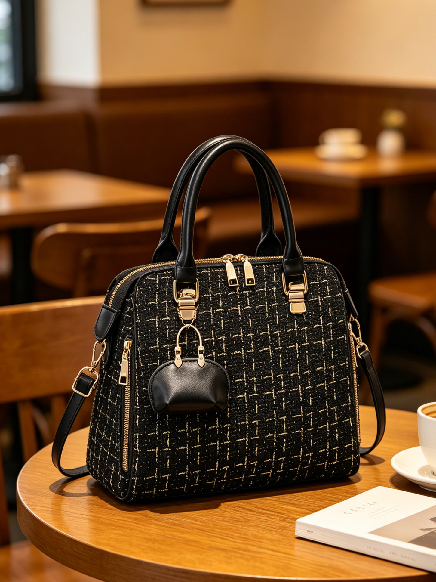 Black Tweed Shoulder Bag with Charm
