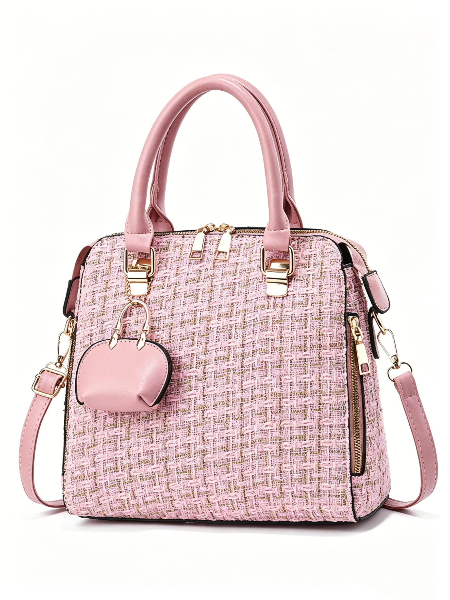 Pink Tweed Shoulder Bag with Mini Pouch