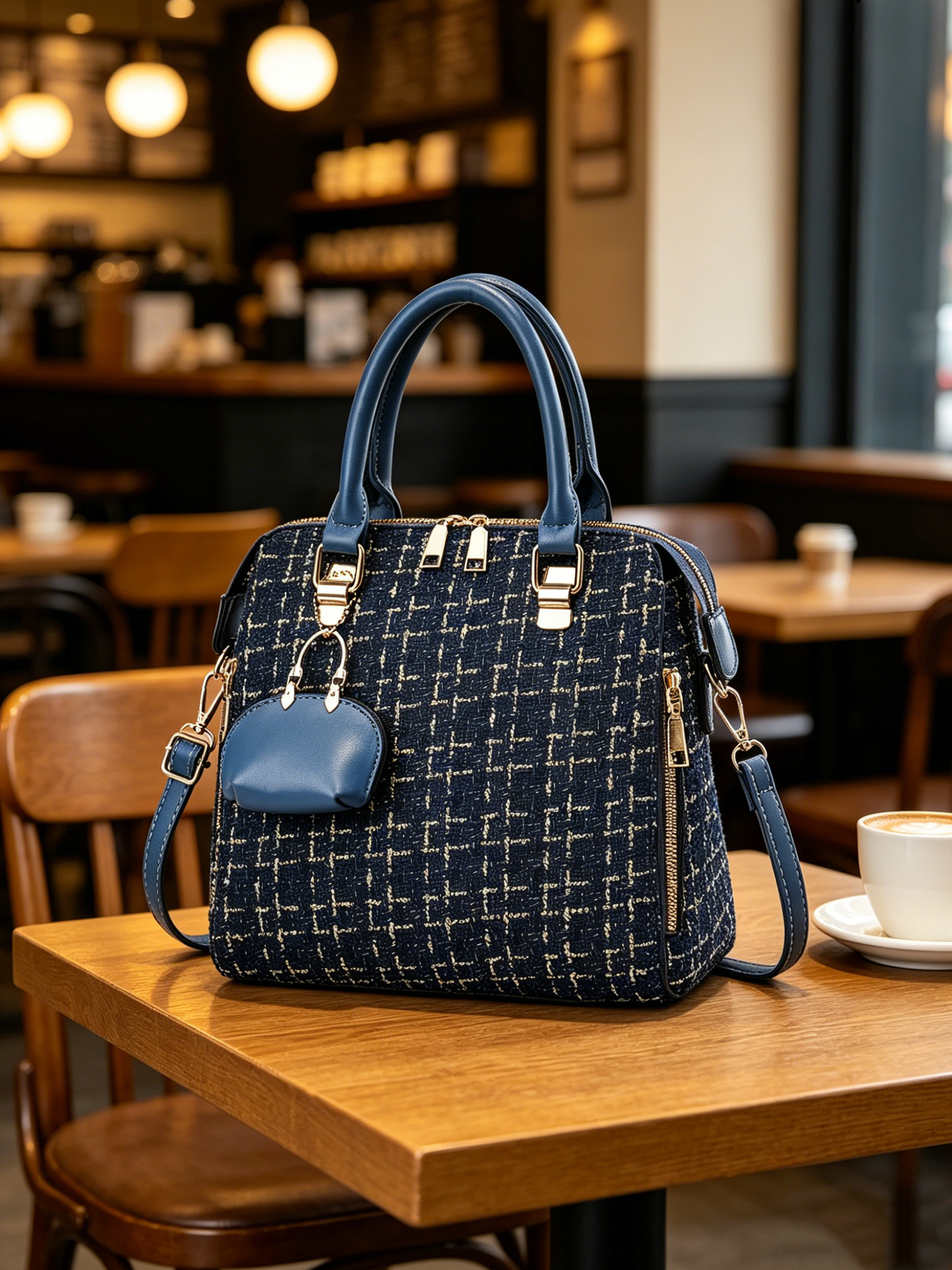 Dark Blue Tweed Shoulder Bag with Charm