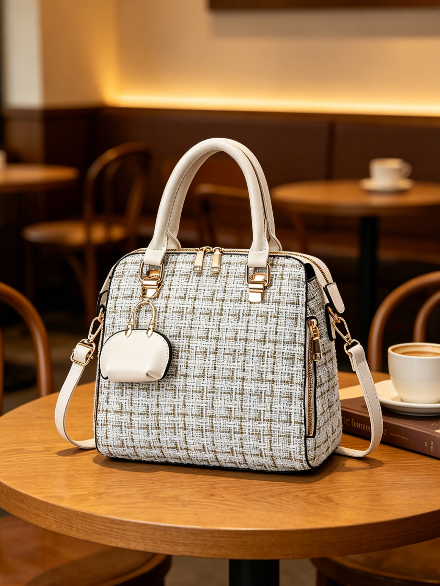 Beige Tweed Shoulder Bag with Mini Pouch