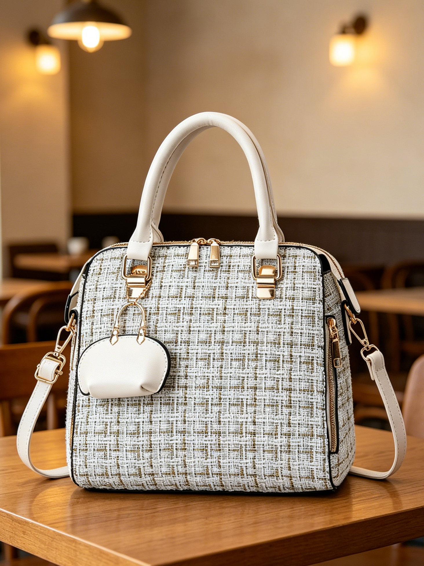 Beige Tweed Shoulder Bag with Mini Pouch