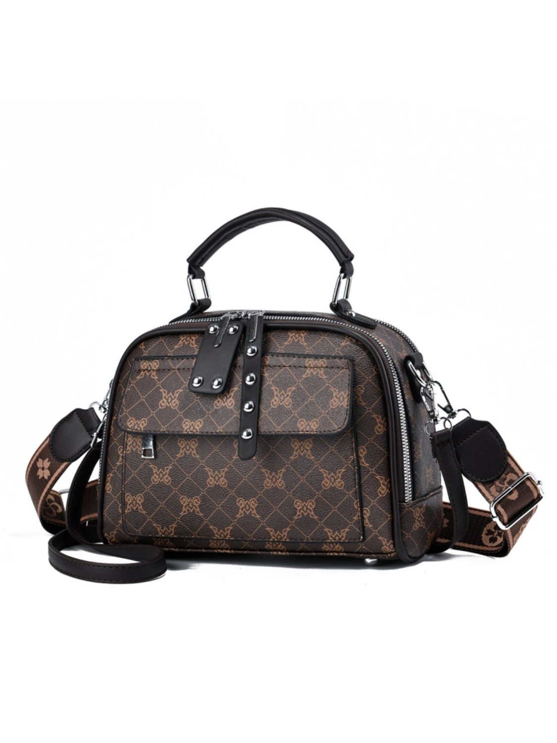 Brown Printed Shoulder Bag with Zip