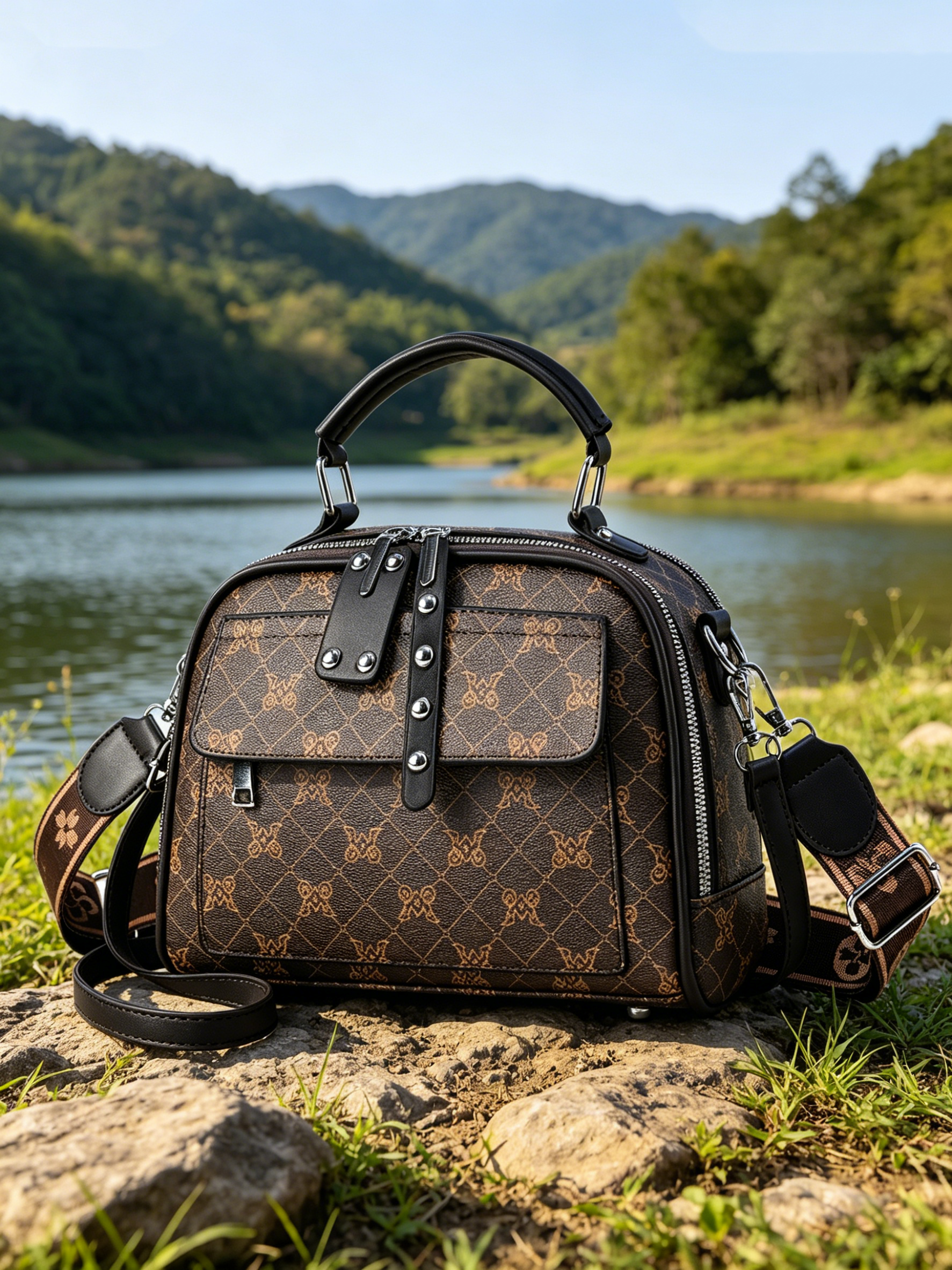 Brown Printed Shoulder Bag with Zip