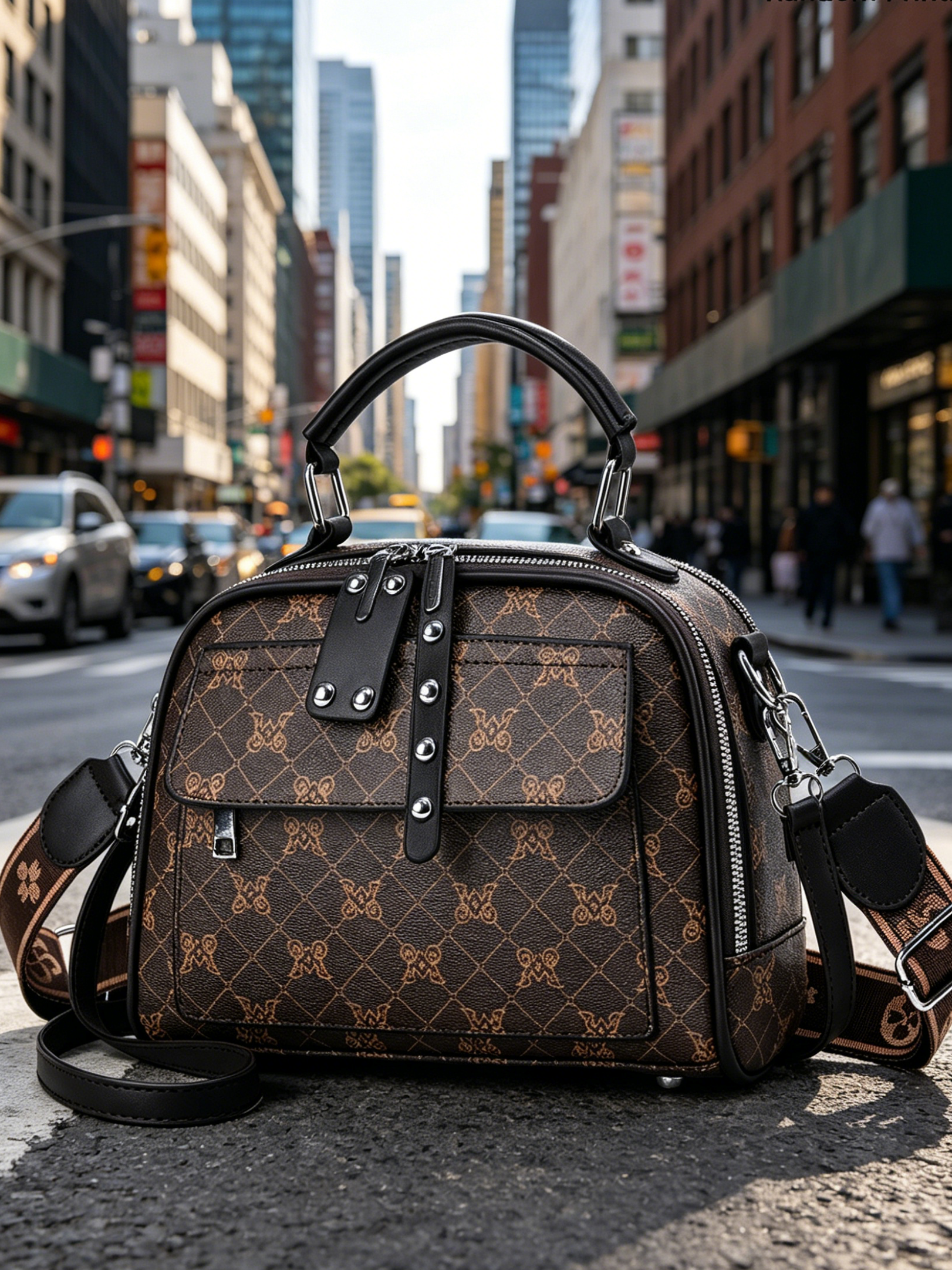 Brown Printed Shoulder Bag with Zip