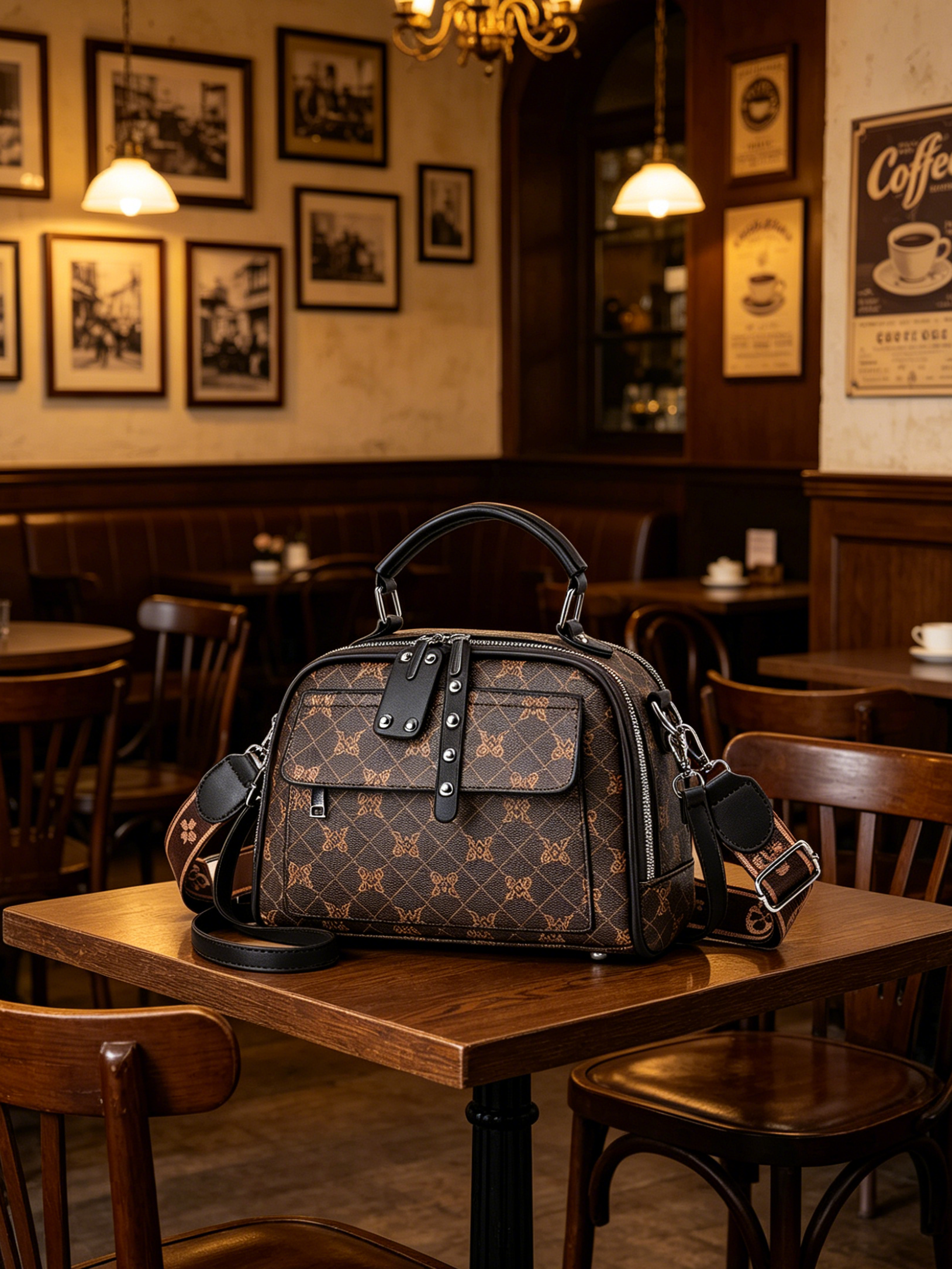 Brown Printed Shoulder Bag with Zip