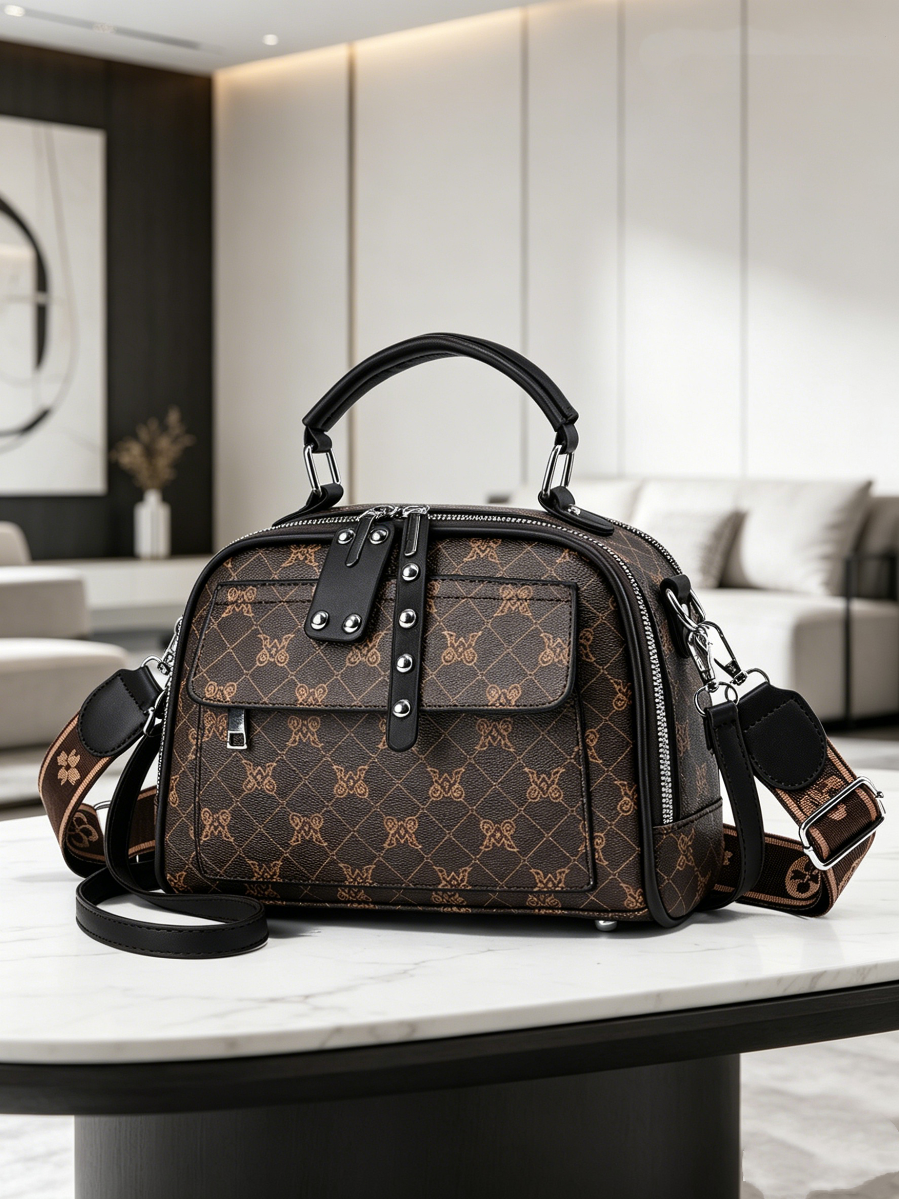 Brown Printed Shoulder Bag with Zip
