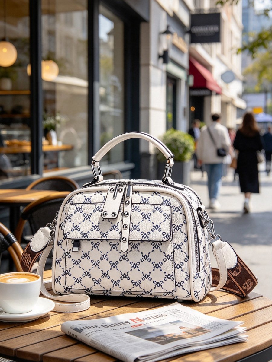 White Printed Shoulder Bag with Zip