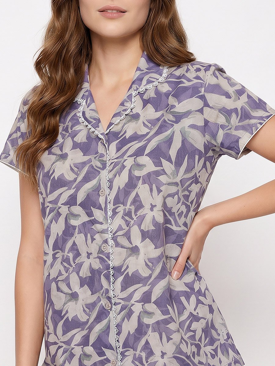 Blue Floral Lace Detail Shirt and Pyjama Set
