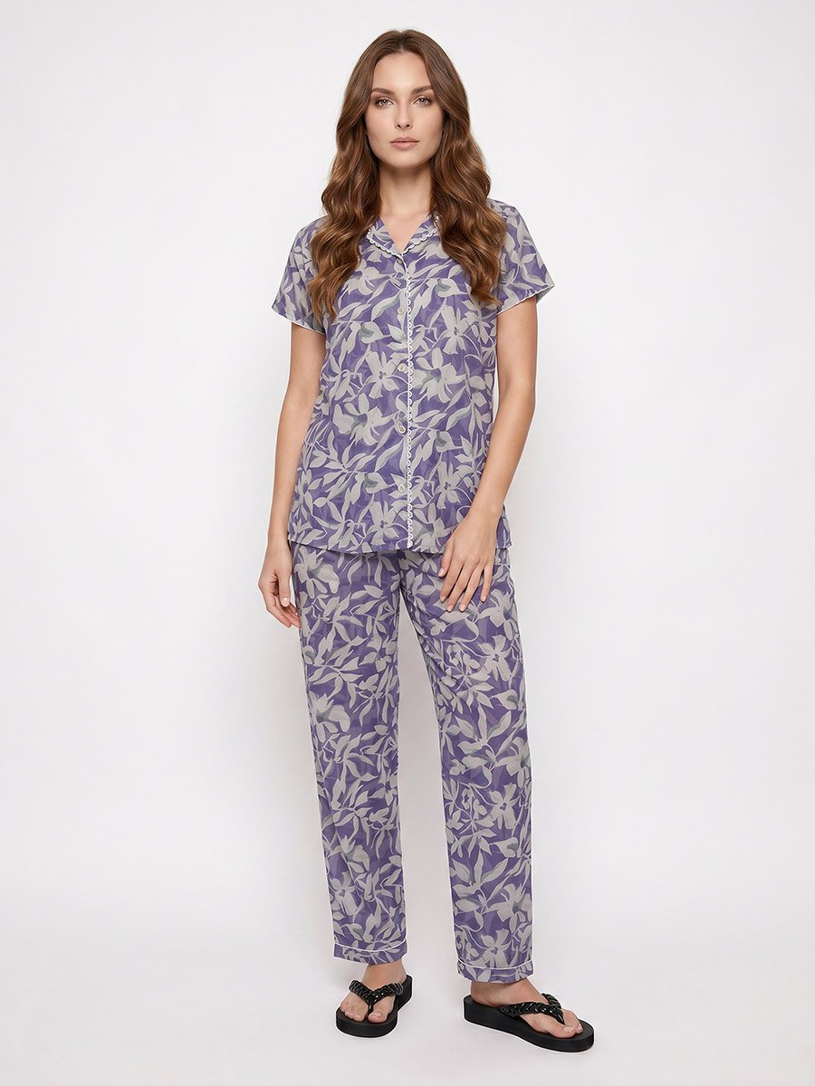 Blue Floral Lace Detail Shirt and Pyjama Set