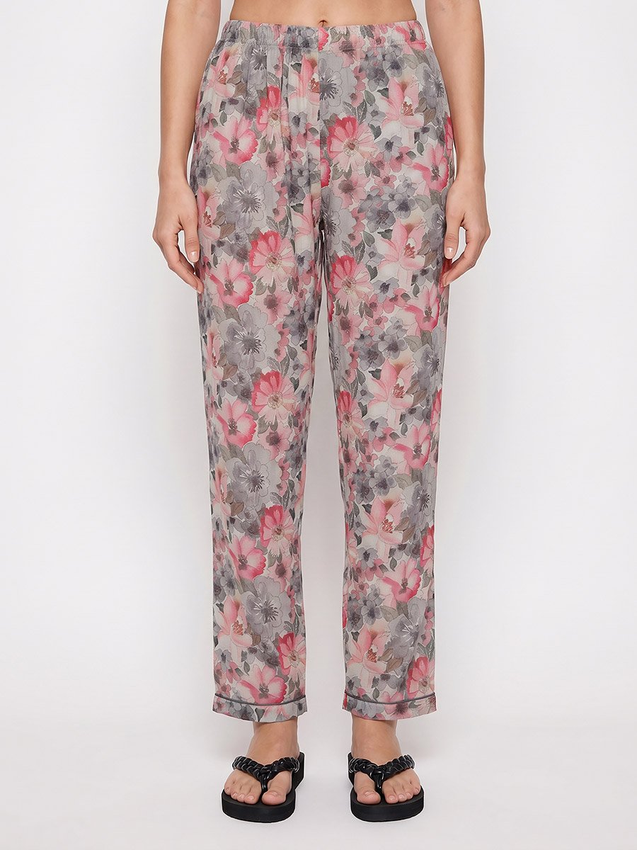 Grey Floral Cotton Shirt and Pyjama Set