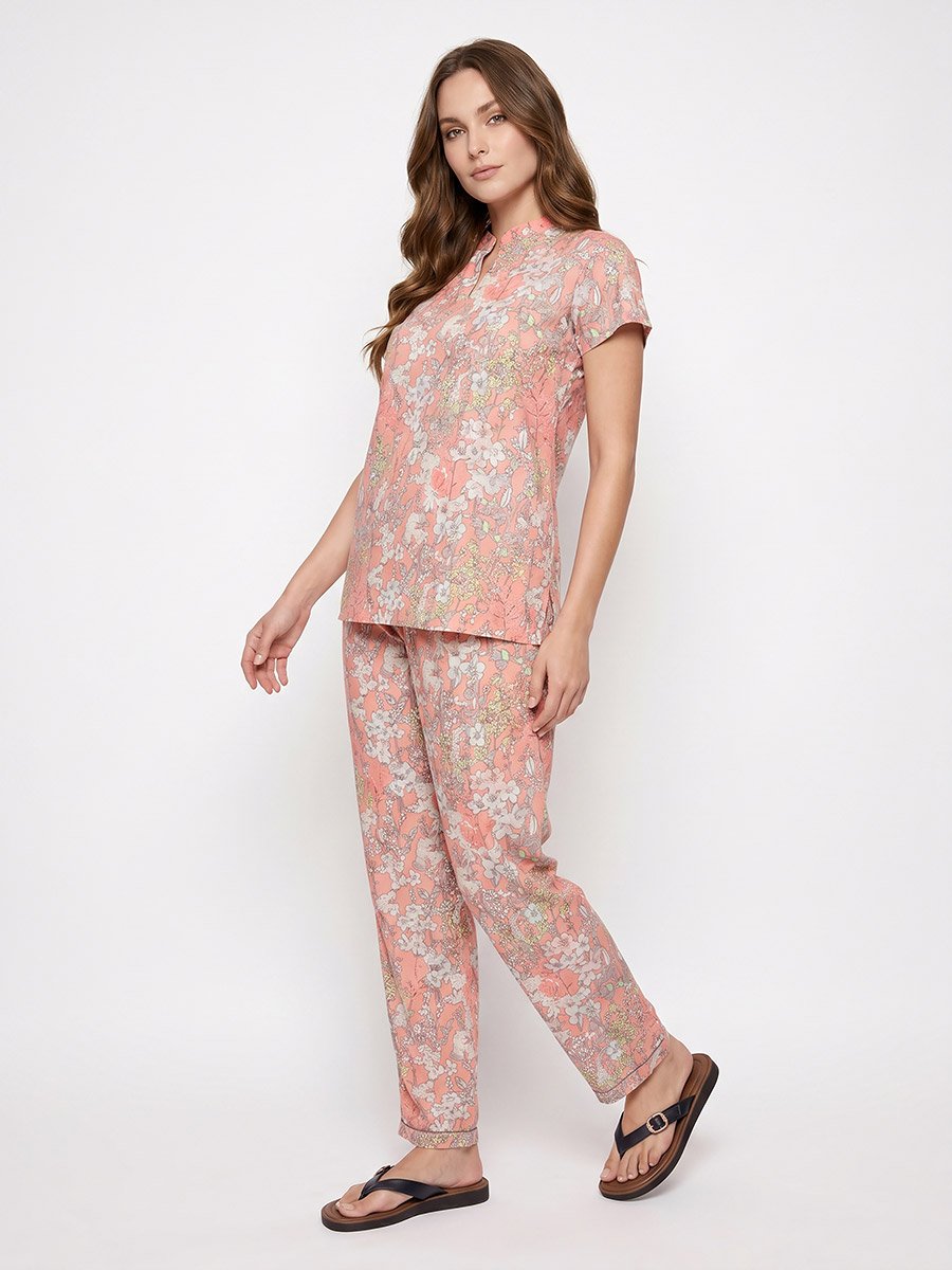 Peach Floral Cotton Top and Pyjama Set
