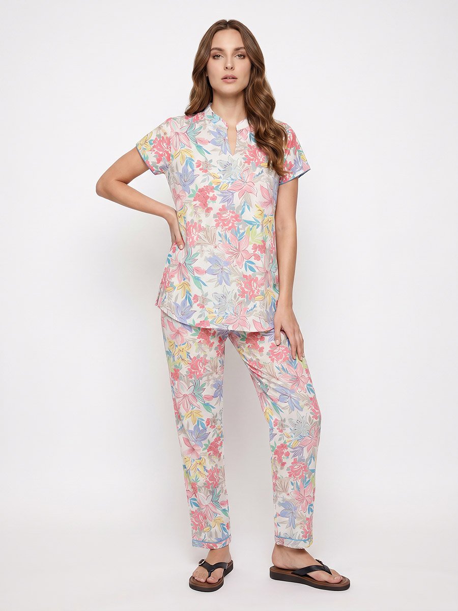 White Pastel Floral Top and Pyjama Set