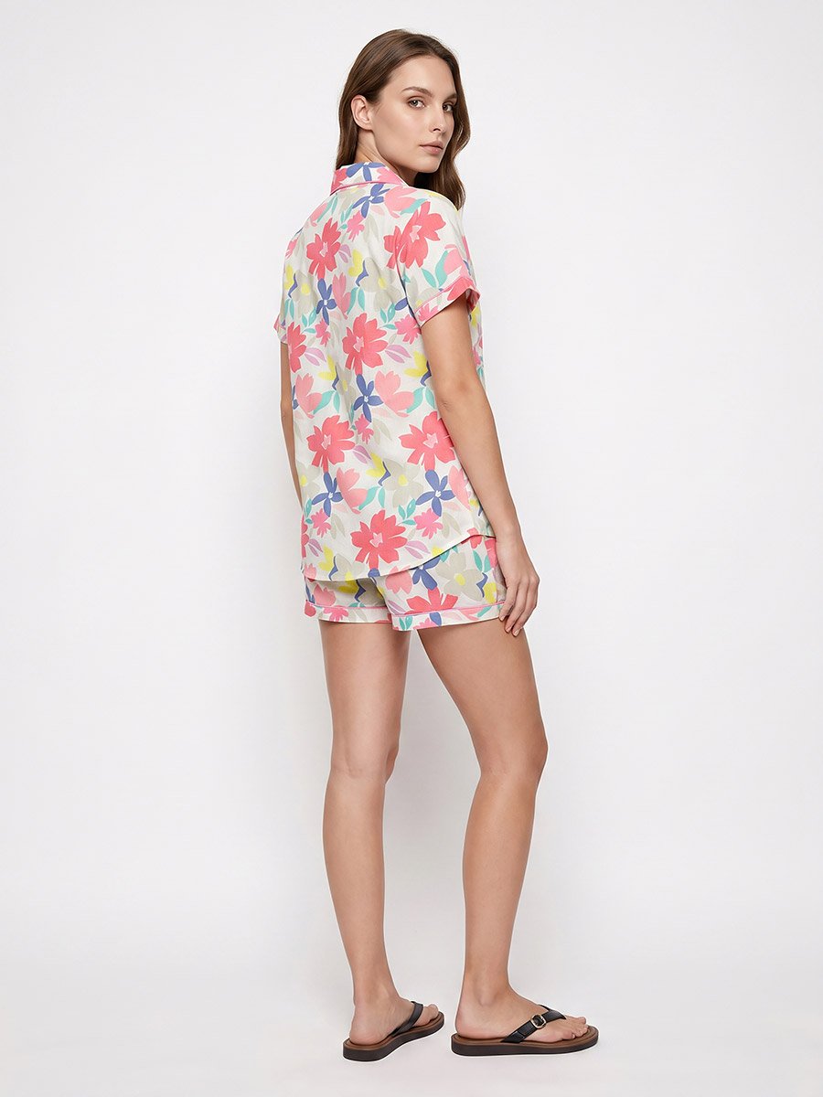 White Floral Print Cotton Shirt and Shorts Set