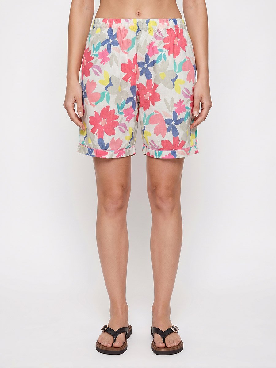 White Floral Print Cotton Shirt and Shorts Set