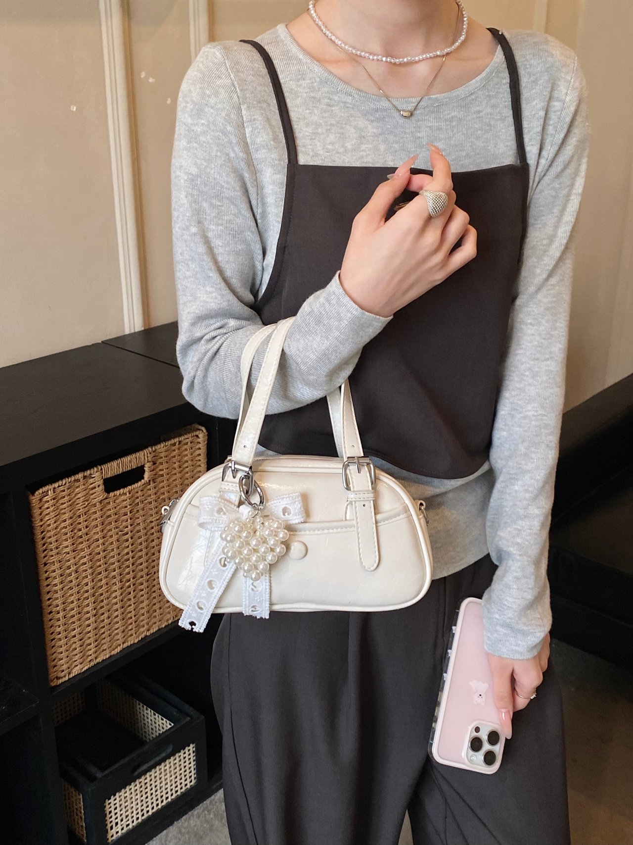 Solid Handbag with Buckle Strap and Charm