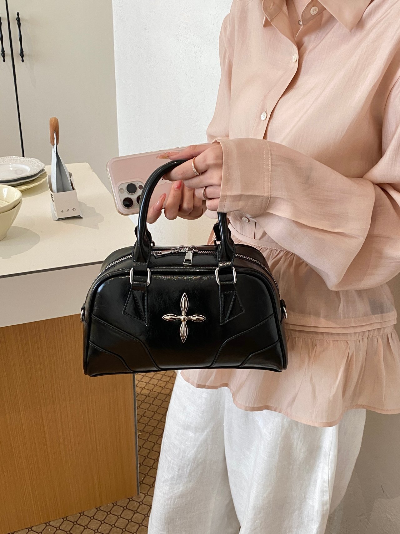 Metal Decor Handbag with Zip Closure