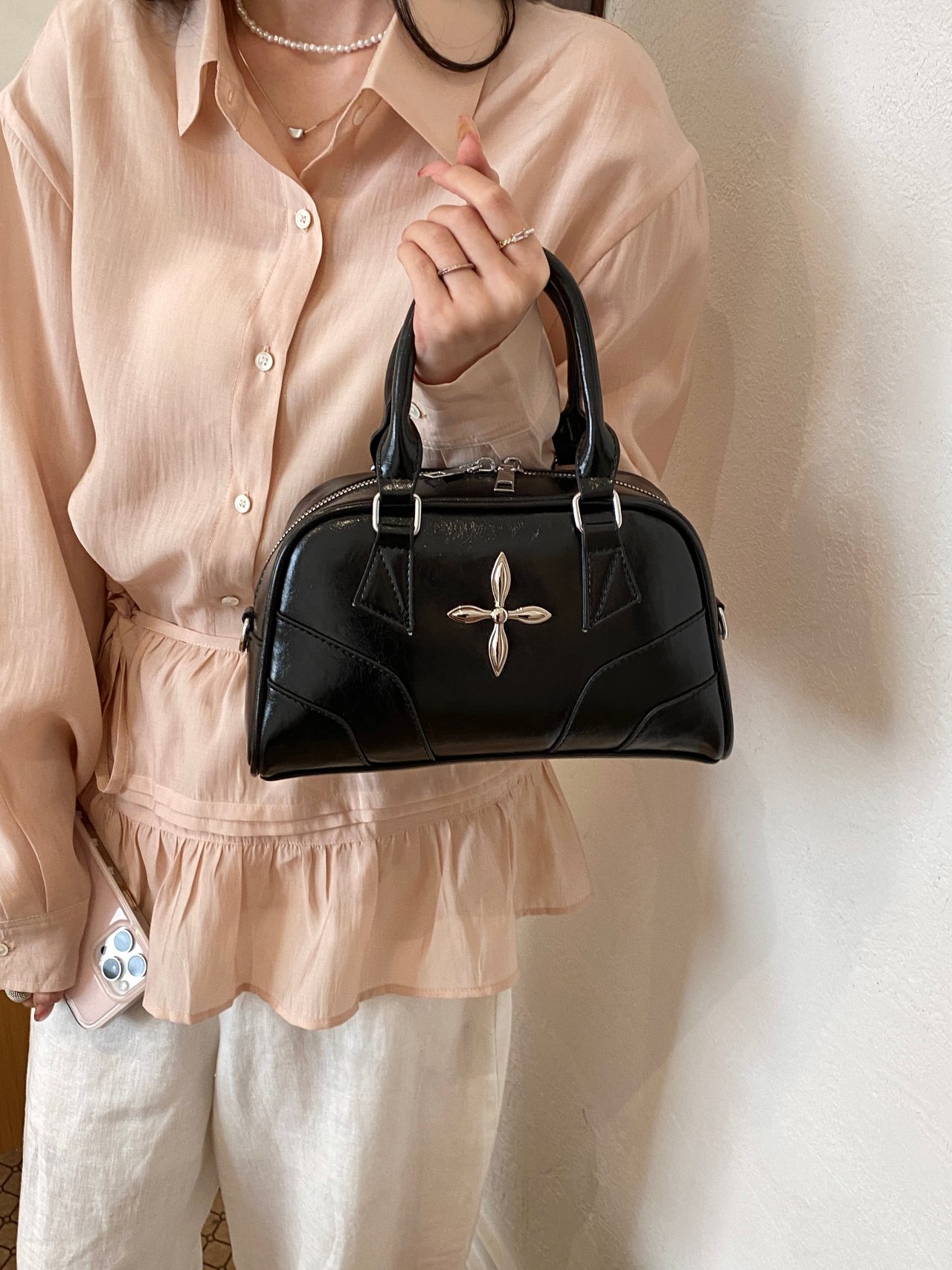 Metal Decor Handbag with Zip Closure