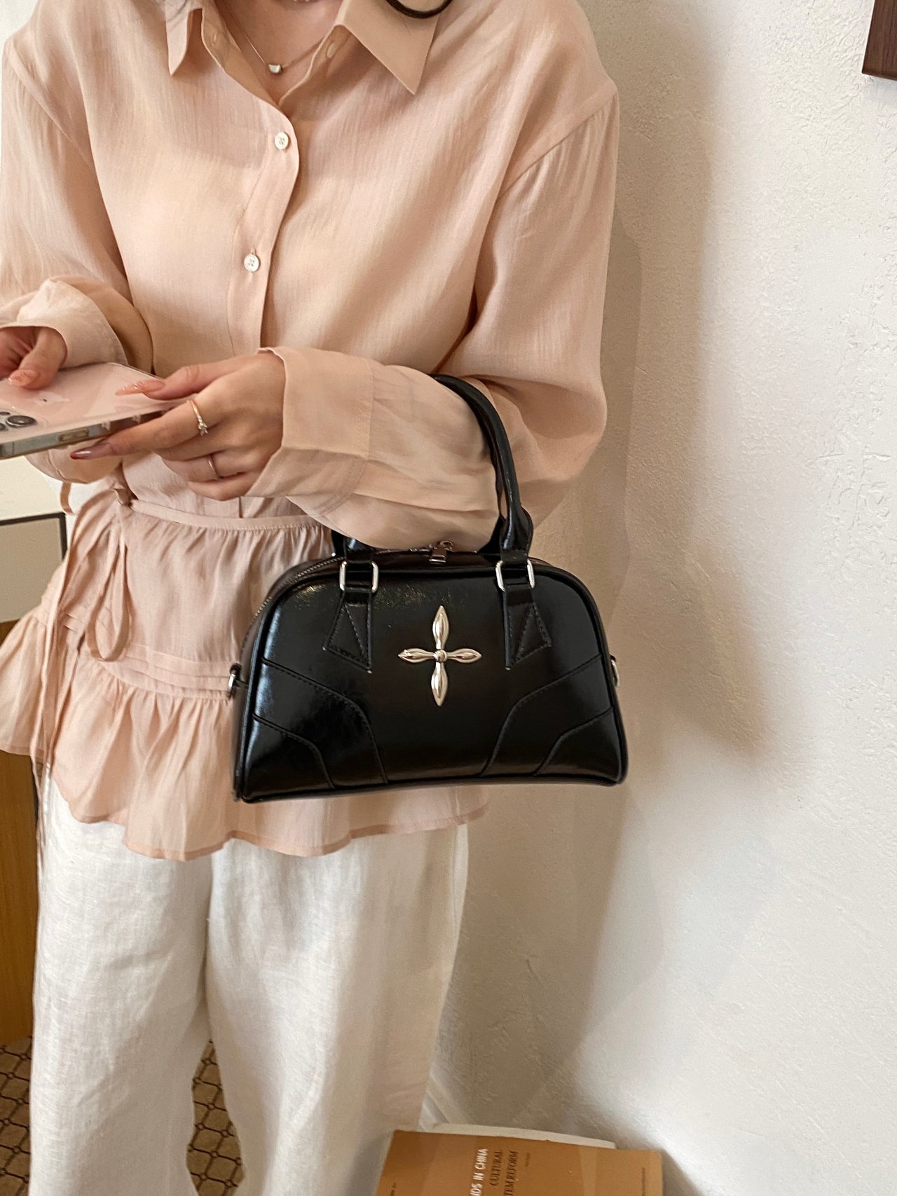 Metal Decor Handbag with Zip Closure