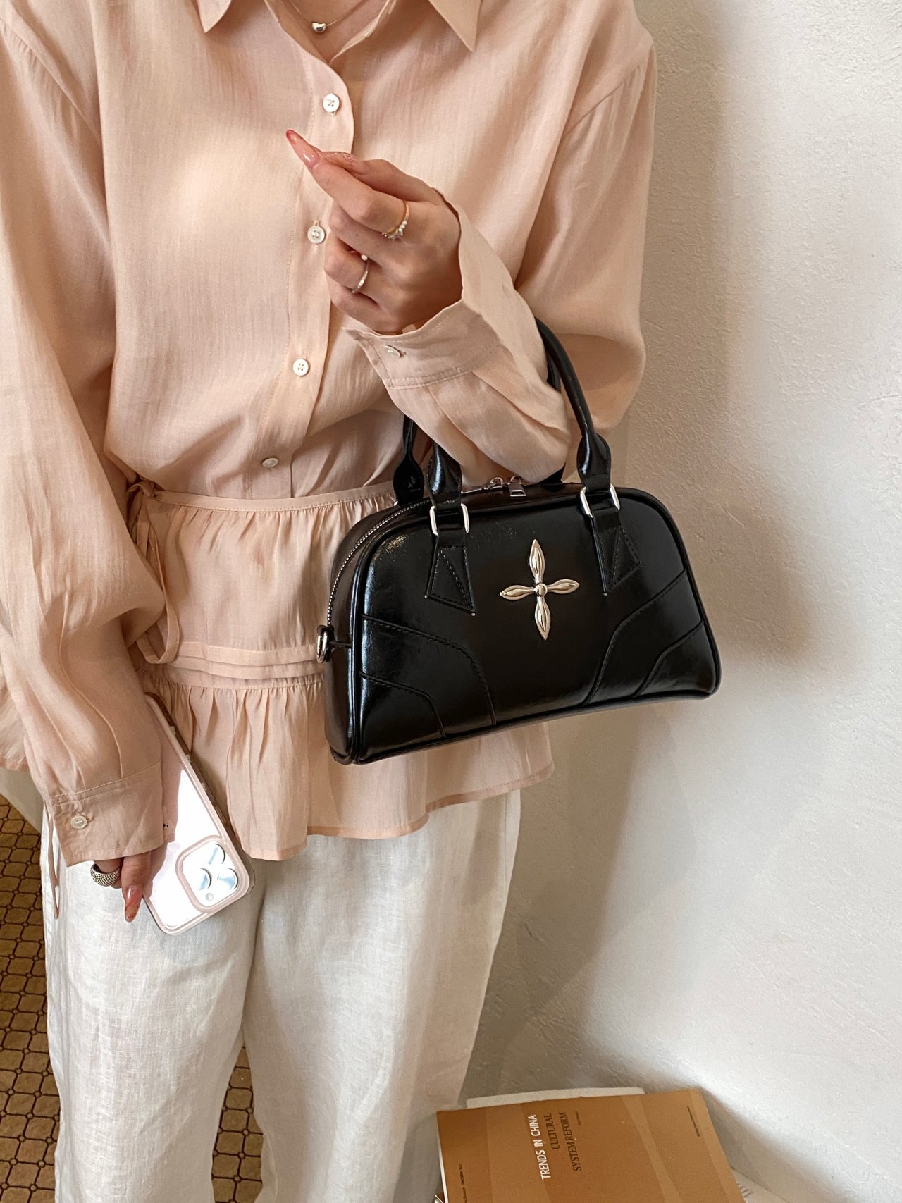 Metal Decor Handbag with Zip Closure
