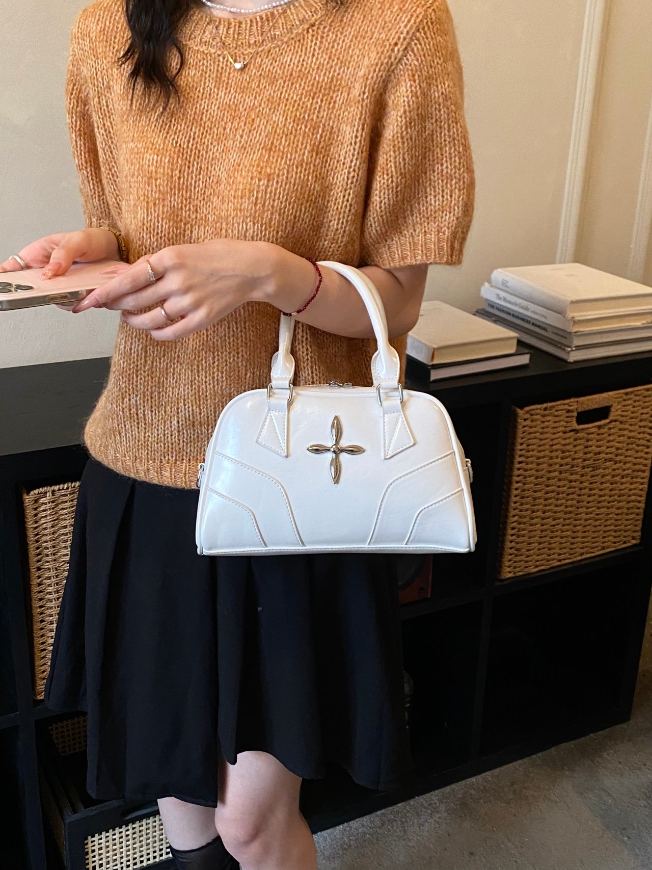 Metal Decor Handbag with Zip Closure
