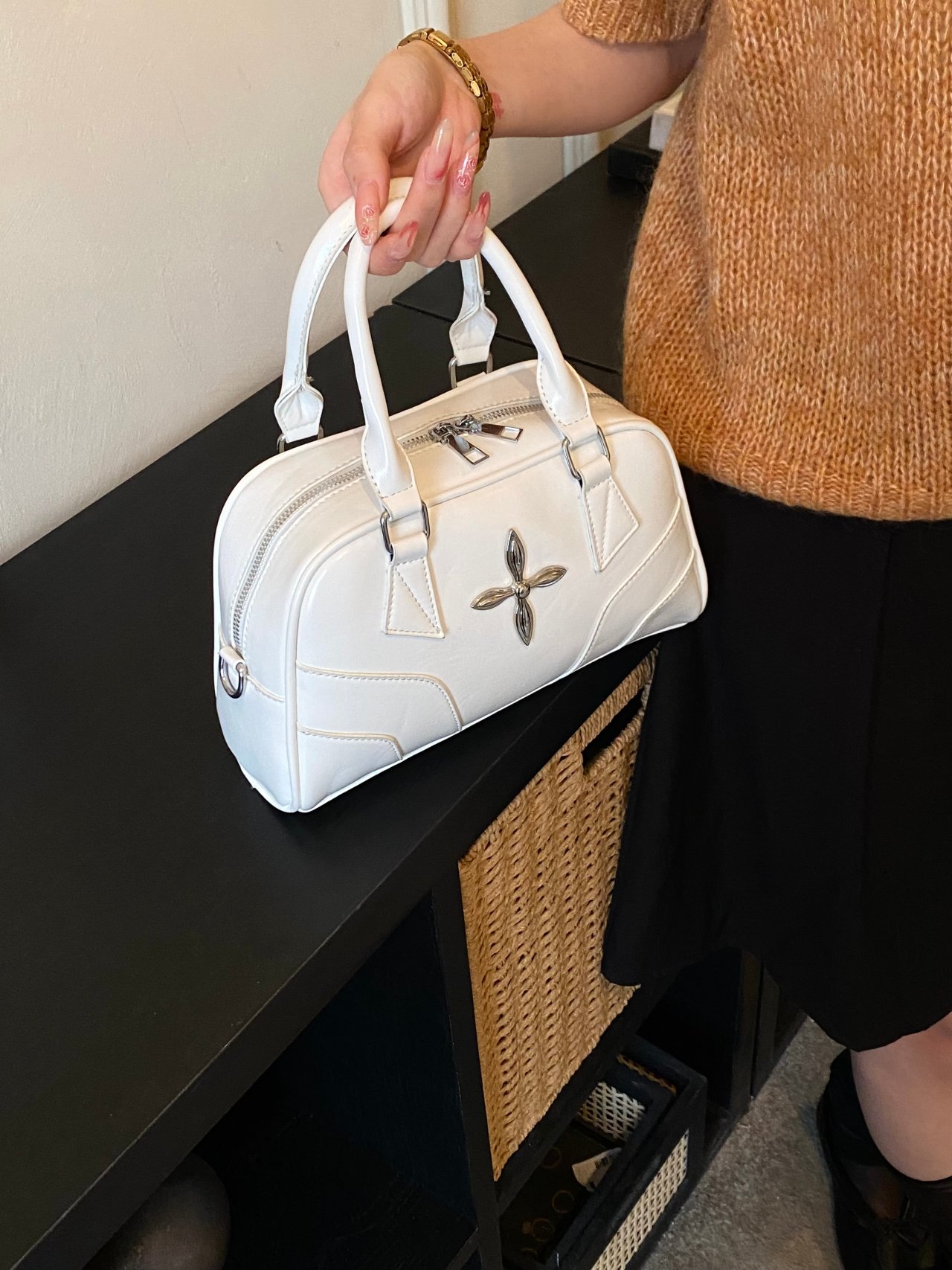 Metal Decor Handbag with Zip Closure