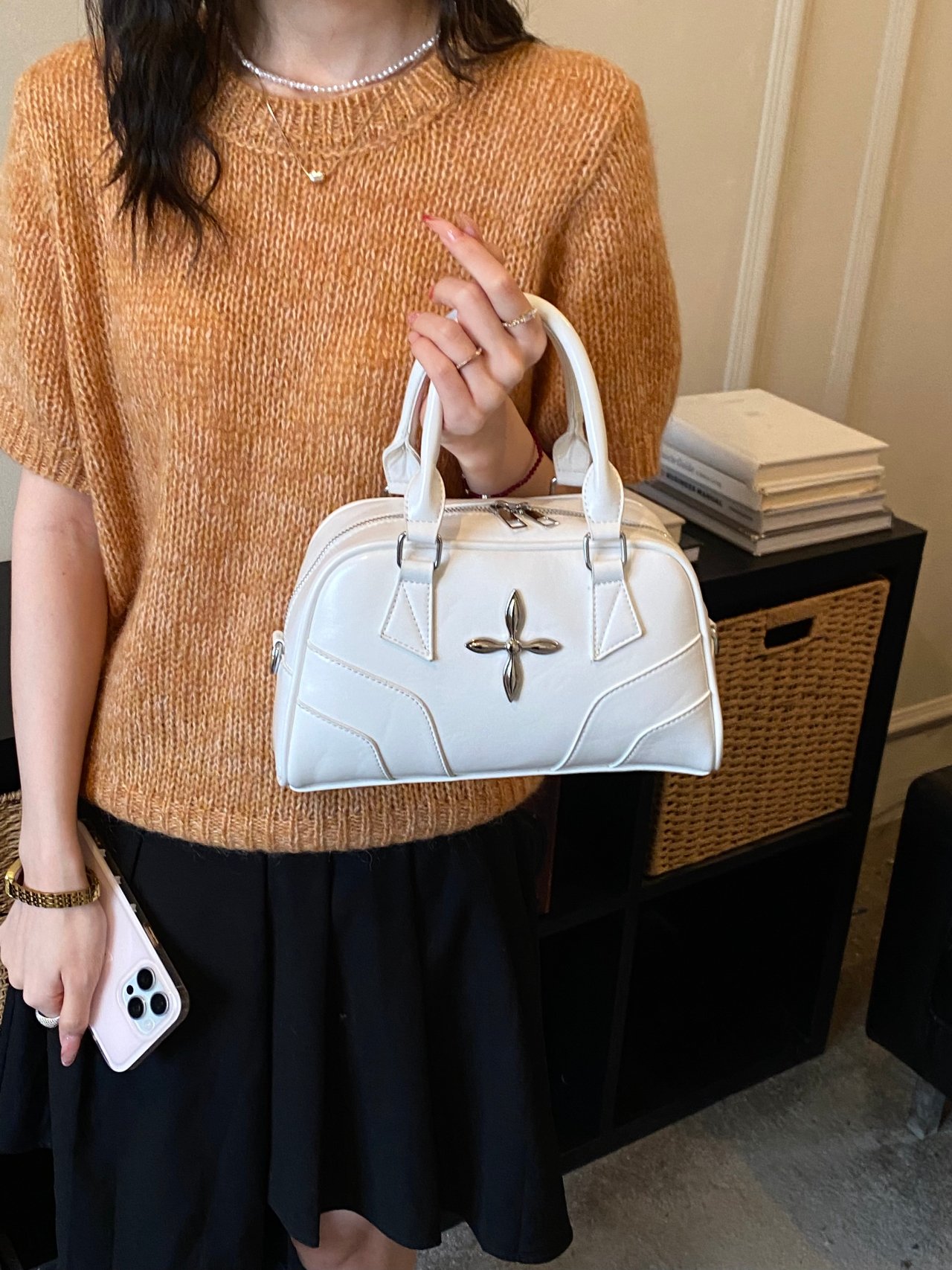 Metal Decor Handbag with Zip Closure