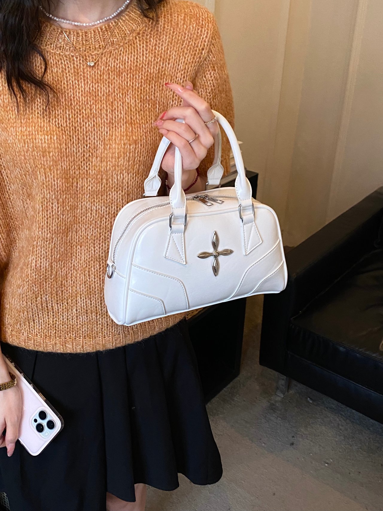 Metal Decor Handbag with Zip Closure
