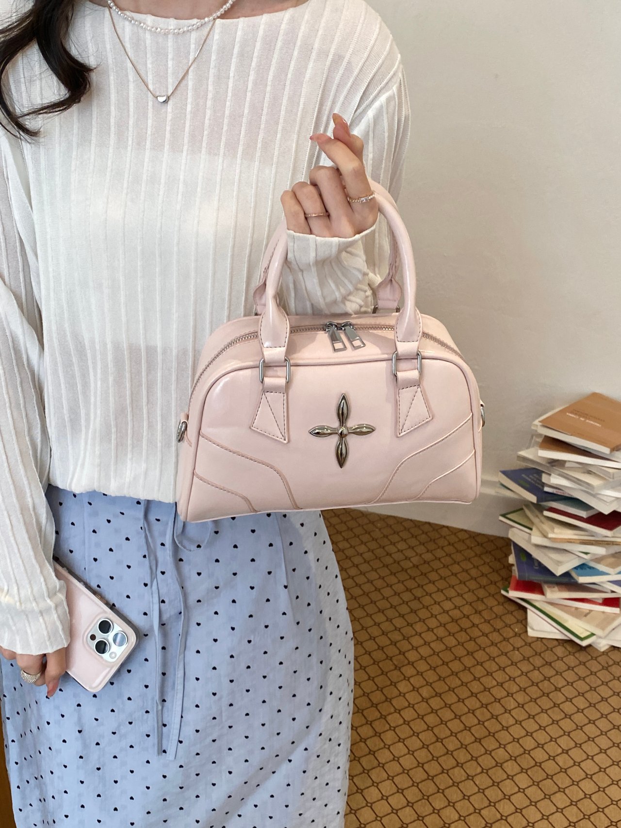 Metal Decor Handbag with Zip Closure