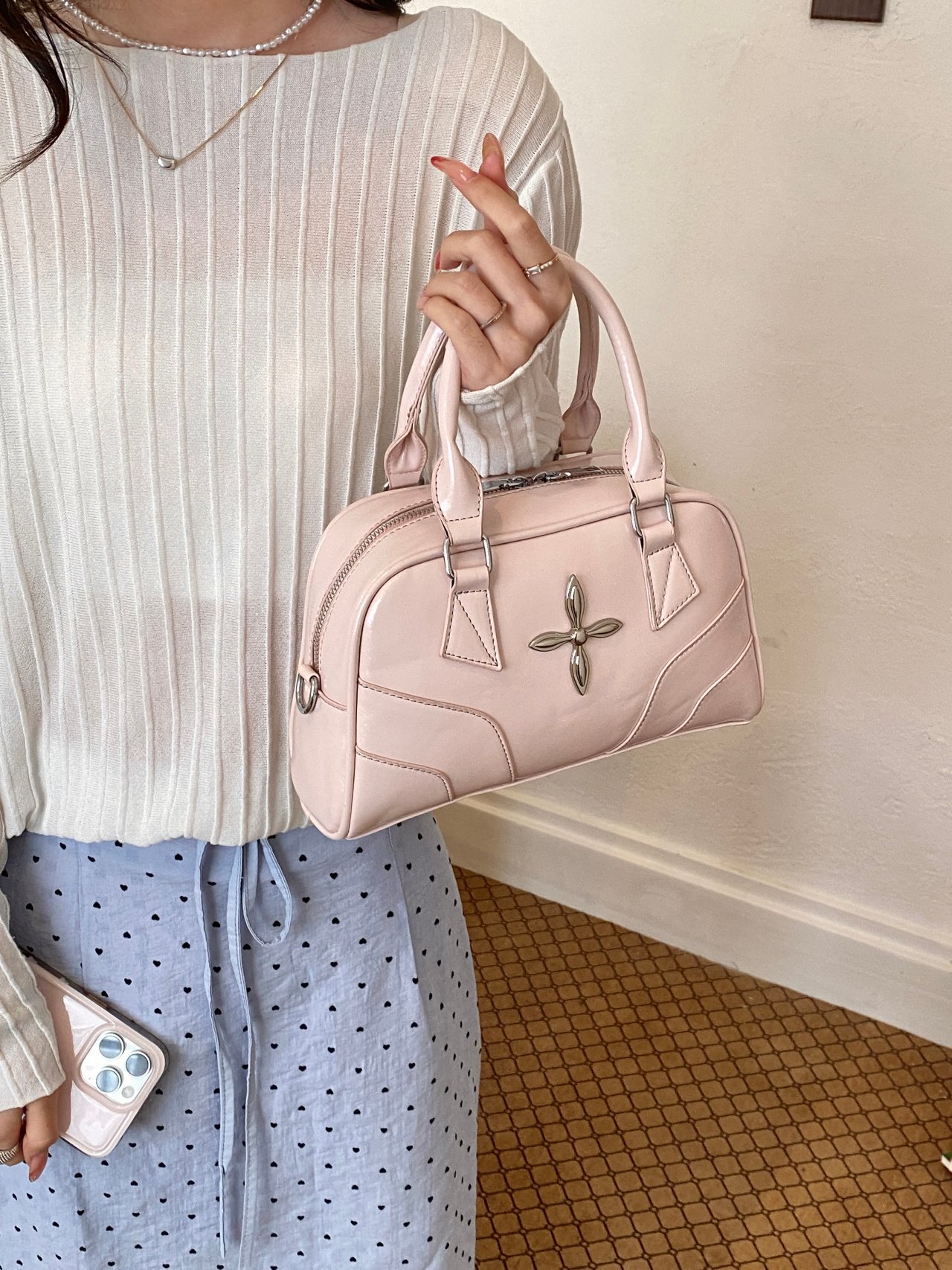 Metal Decor Handbag with Zip Closure