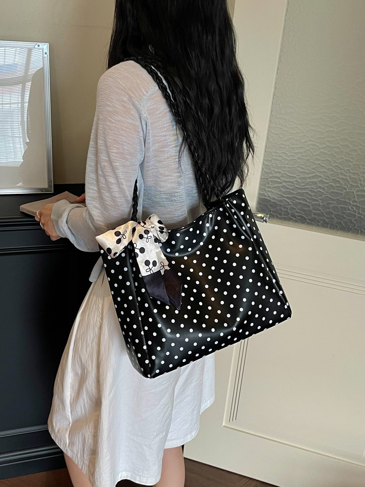 Polka Dot Shoulder Bag with Bow Scarf