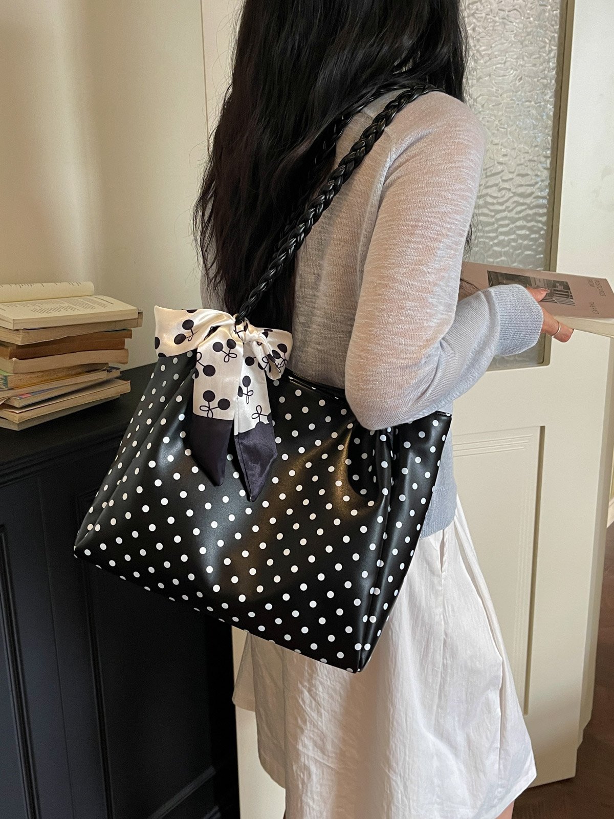 Polka Dot Shoulder Bag with Bow Scarf