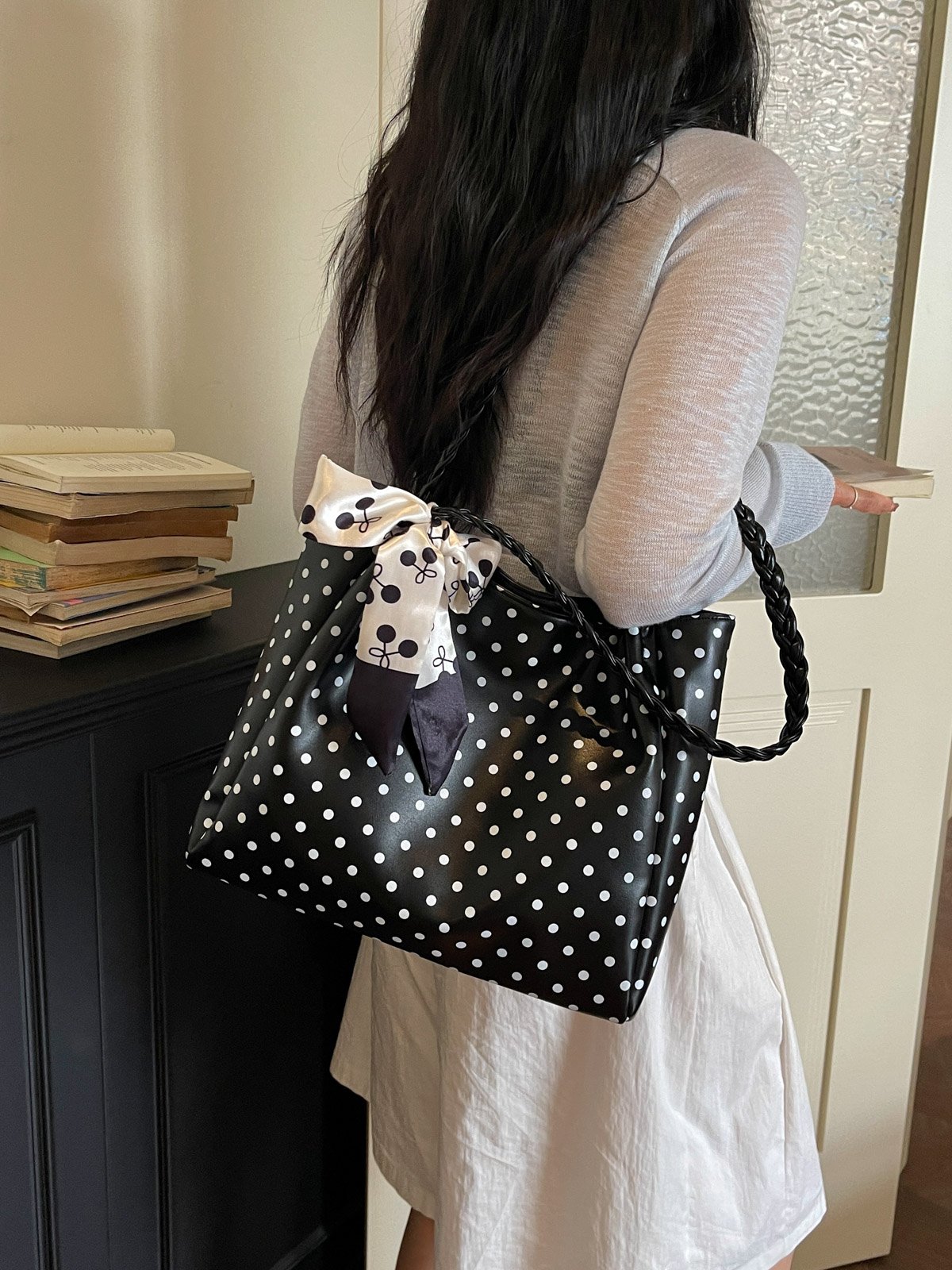 Polka Dot Shoulder Bag with Bow Scarf