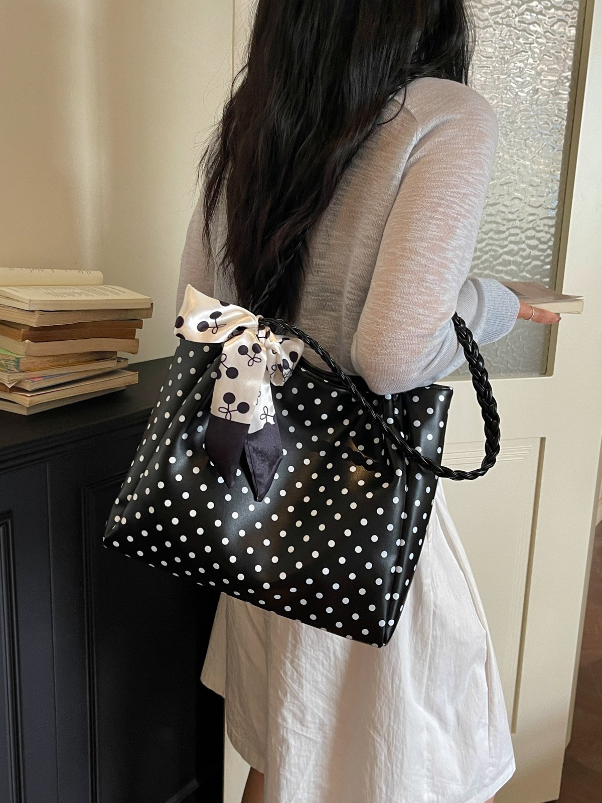 Polka Dot Shoulder Bag with Bow Scarf