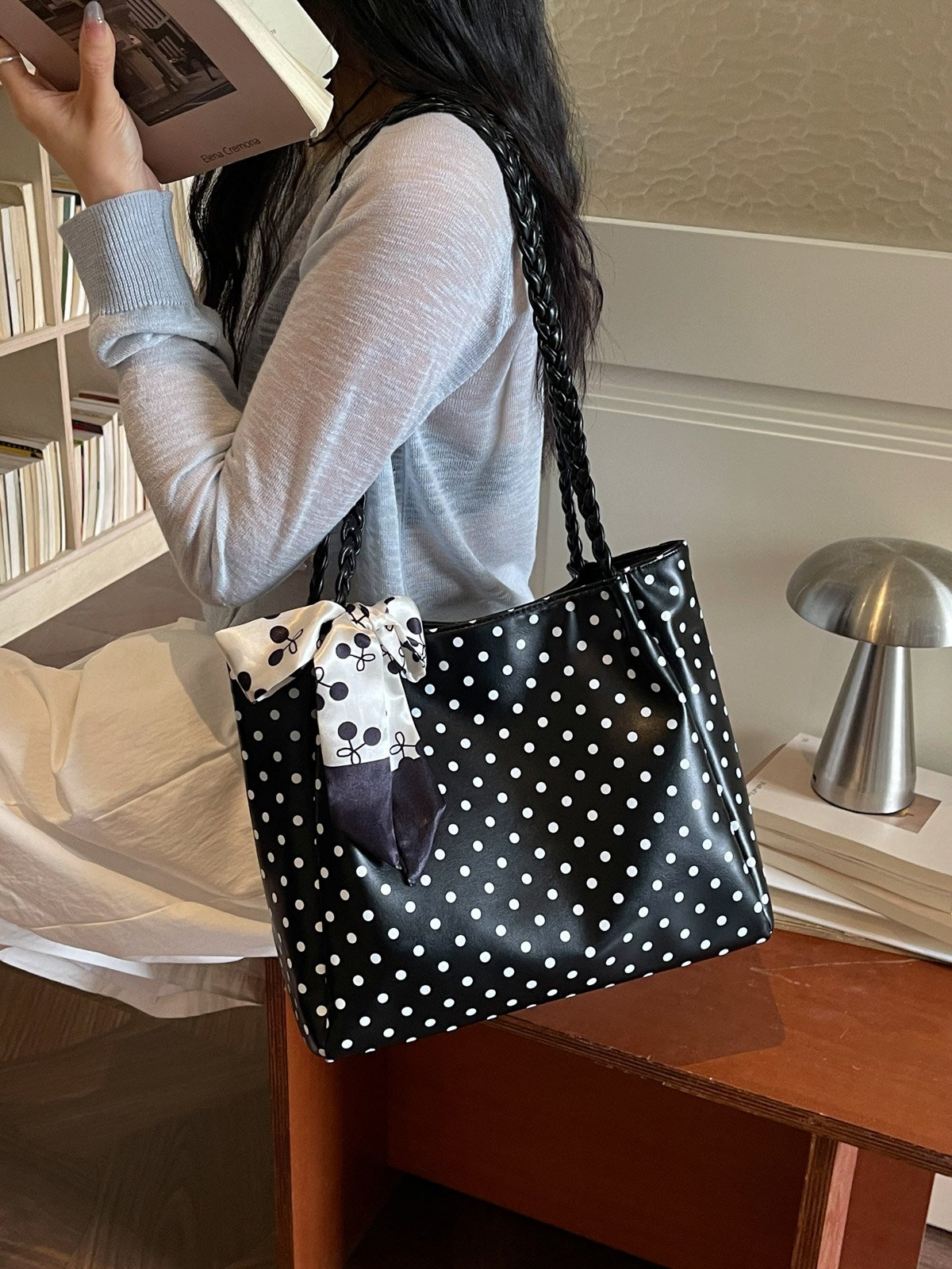 Polka Dot Shoulder Bag with Bow Scarf