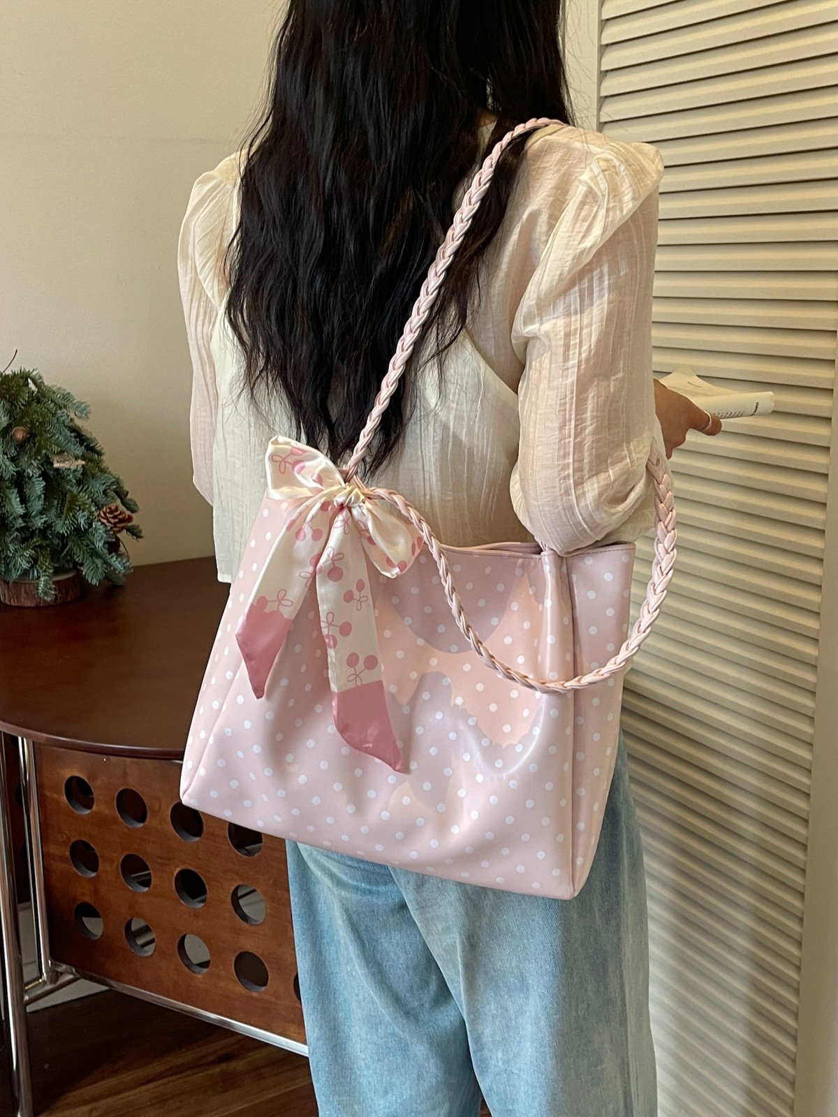 Polka Dot Shoulder Bag with Bow Scarf